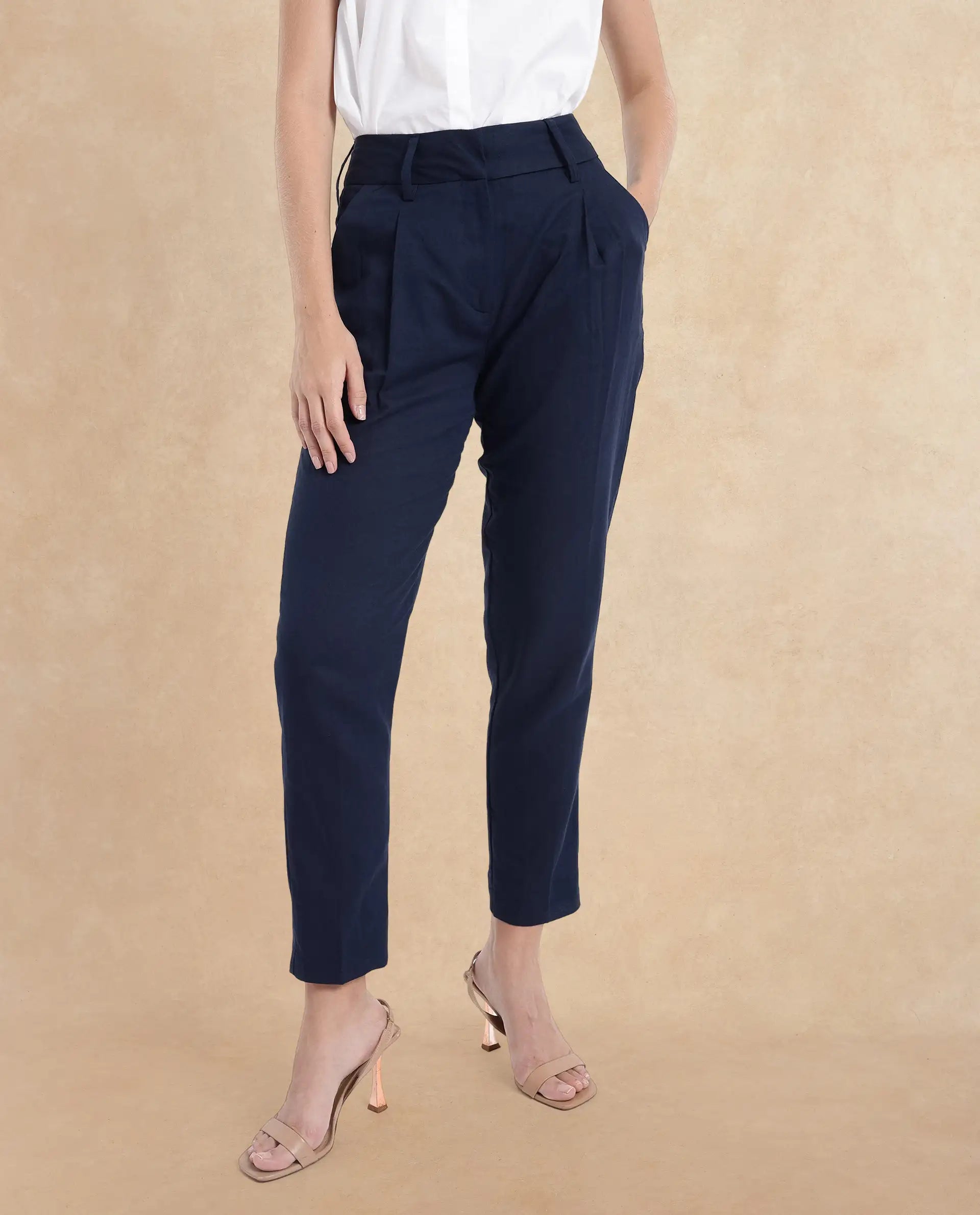 Rareism Women Plio Dark Navy Zipper Closure Tapered Fit Plain Ankle Length Trouser