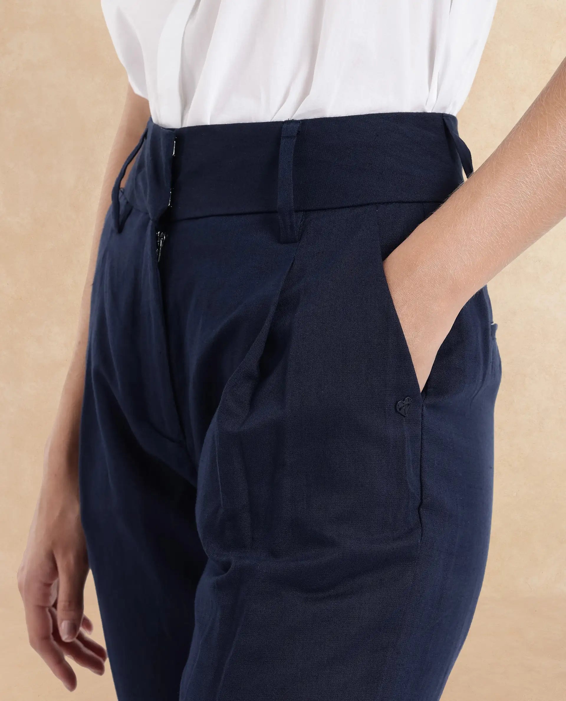 Rareism Women Plio Dark Navy Zipper Closure Tapered Fit Plain Ankle Length Trouser