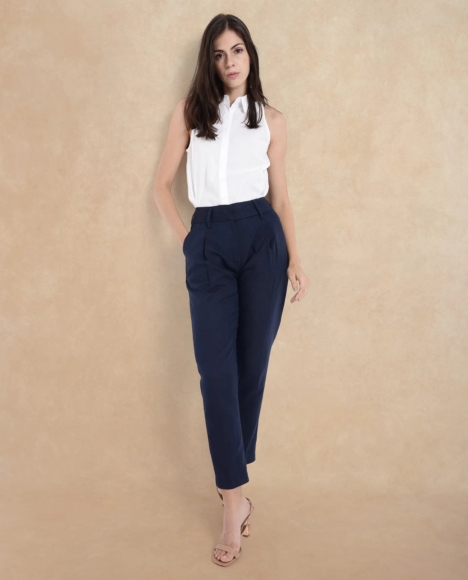 Rareism Women Plio Dark Navy Zipper Closure Tapered Fit Plain Ankle Length Trouser