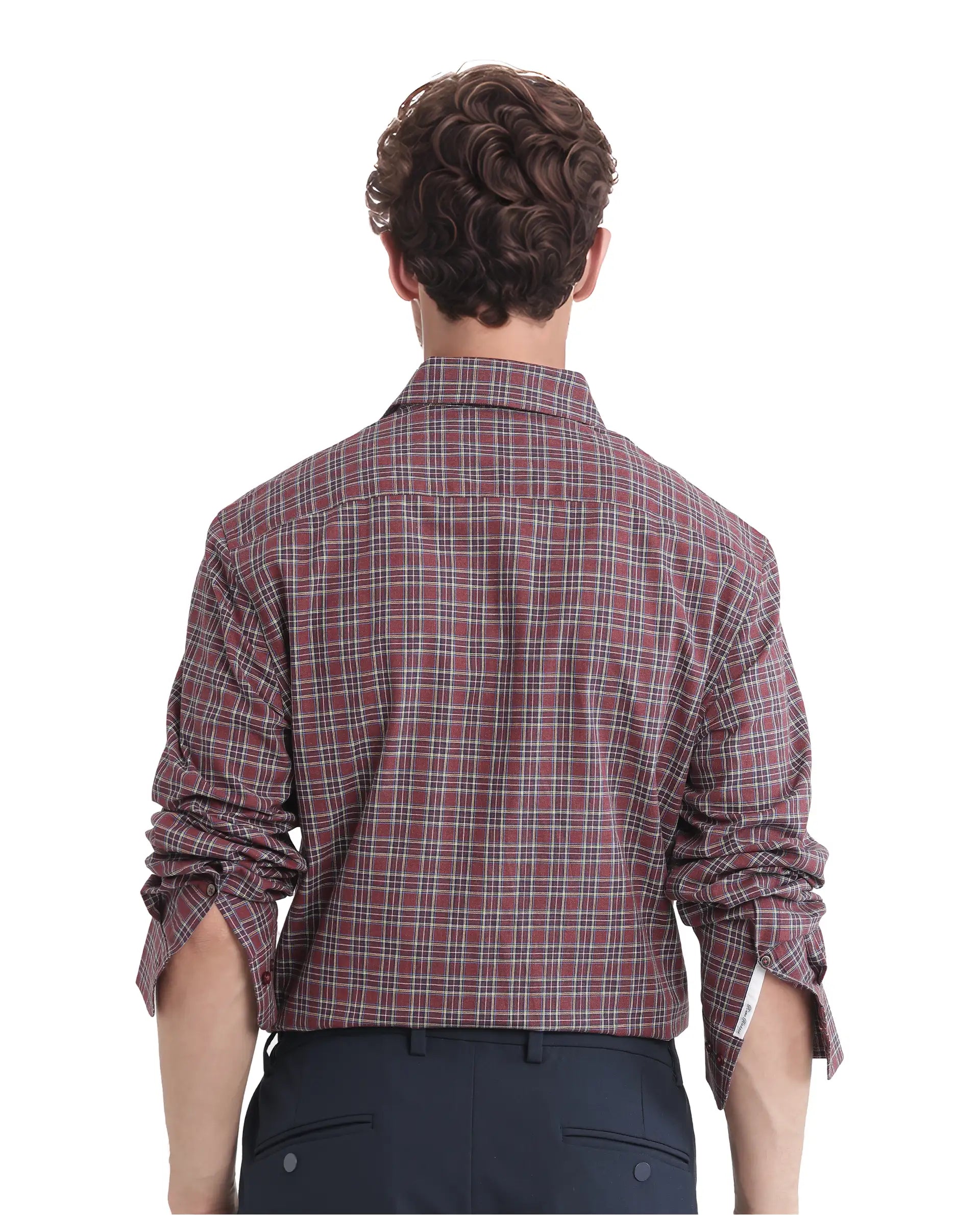 Rare Rabbit Men Plix Maroon Cotton Fabric Regular Fit Full Sleeve Regular Collared Melange Checked Shirt
