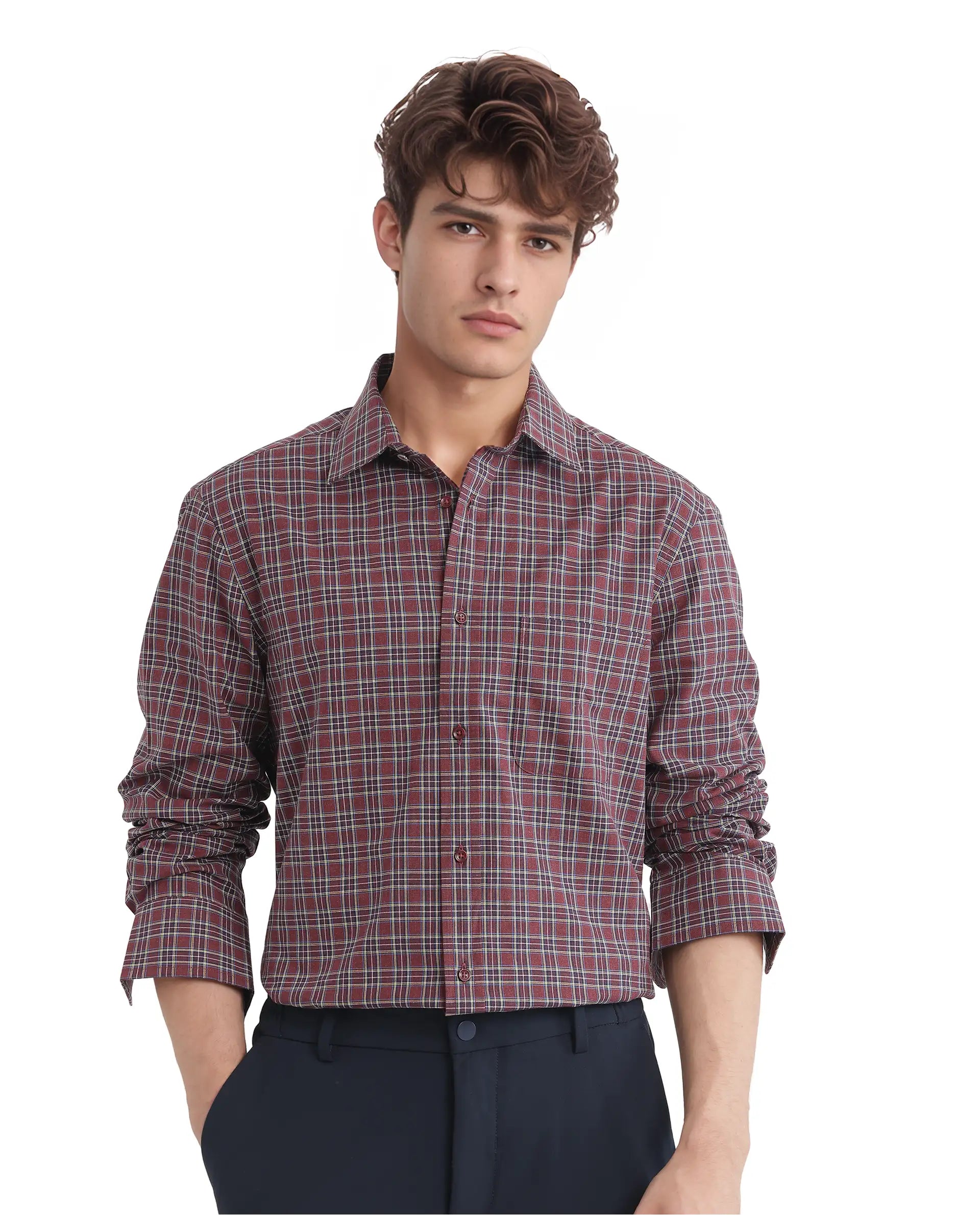 Rare Rabbit Men Plix Maroon Cotton Fabric Regular Fit Full Sleeve Regular Collared Melange Checked Shirt