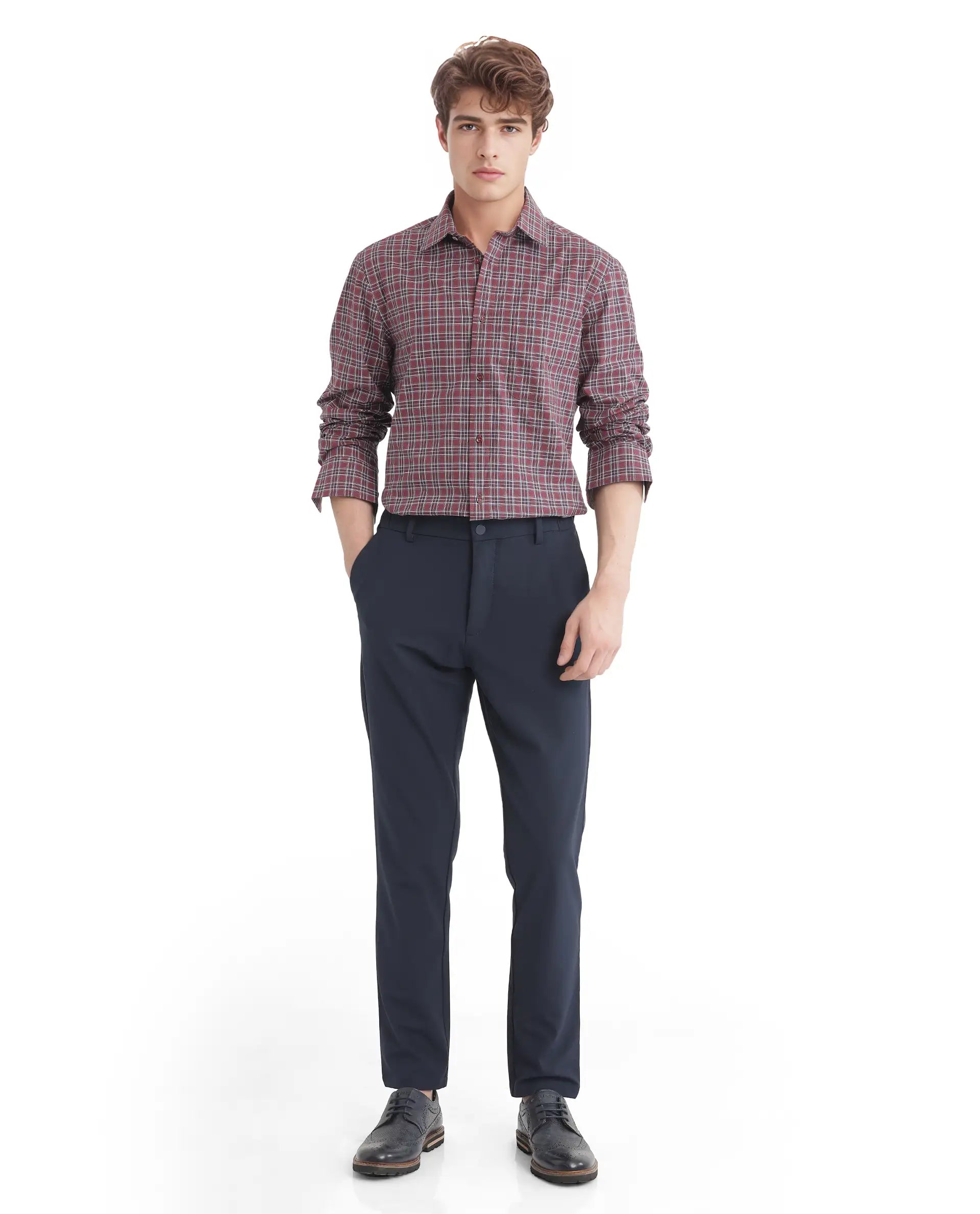 Rare Rabbit Men Plix Maroon Cotton Fabric Regular Fit Full Sleeve Regular Collared Melange Checked Shirt