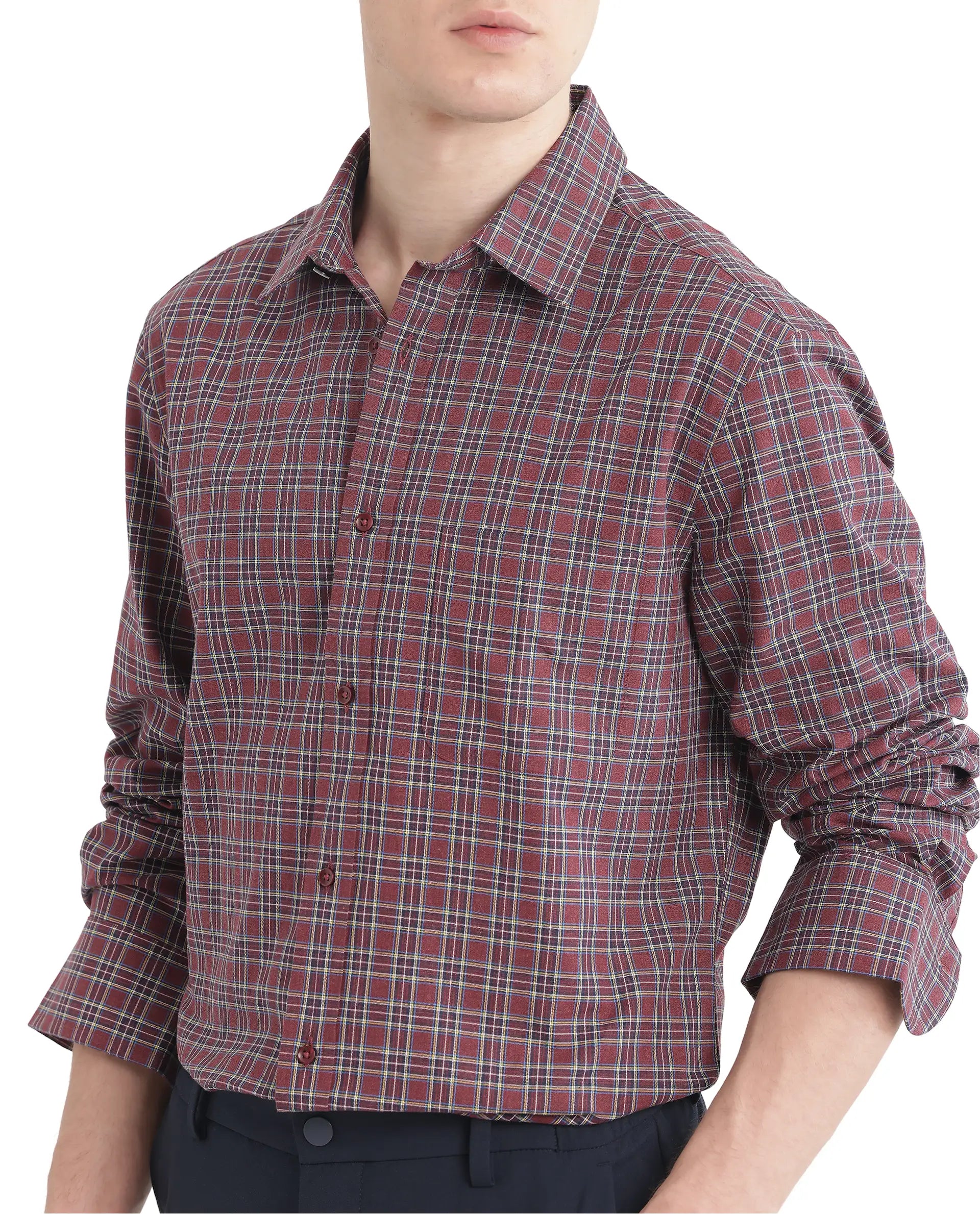 Rare Rabbit Men Plix Maroon Cotton Fabric Regular Fit Full Sleeve Regular Collared Melange Checked Shirt