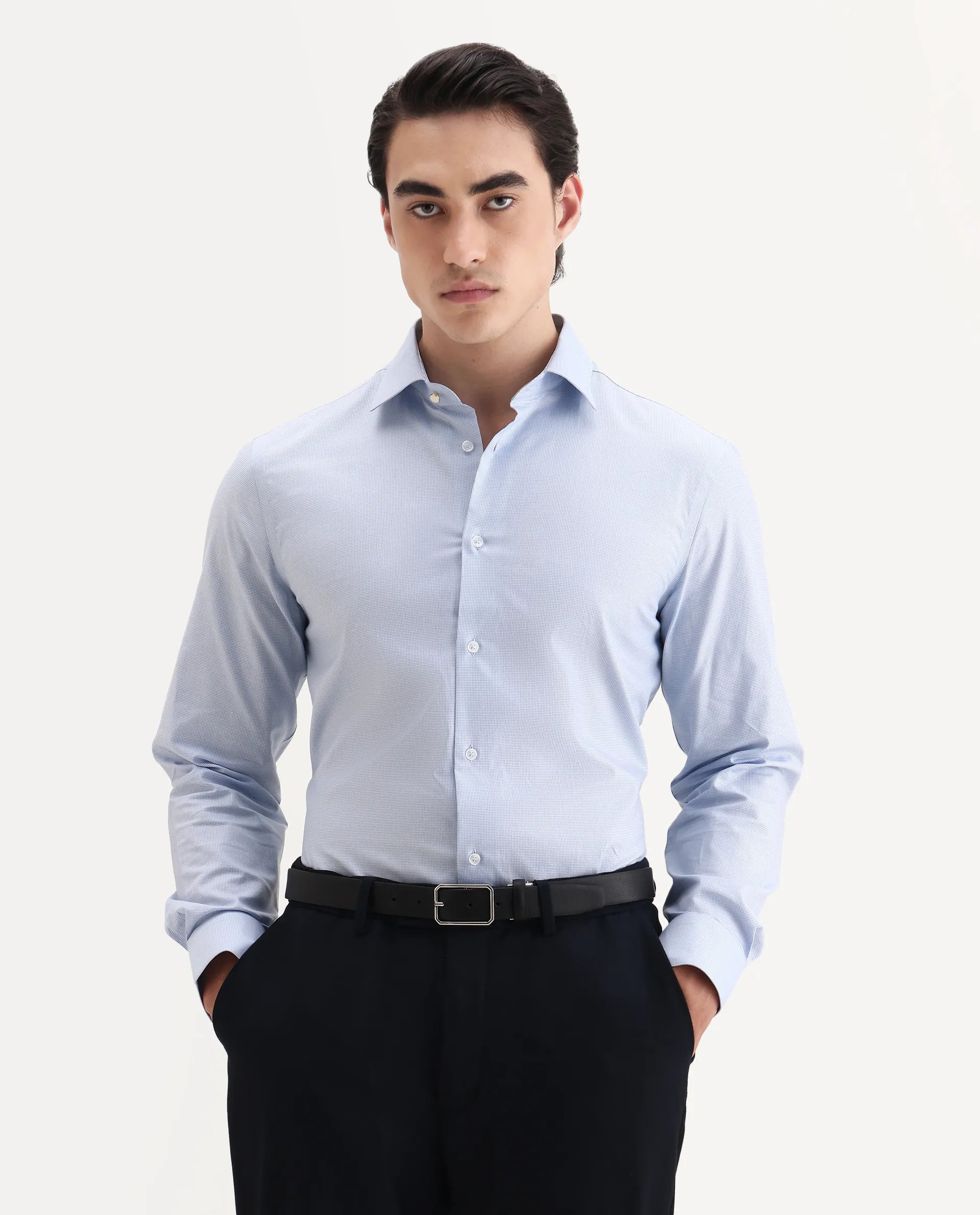 Rare Rabbit Men's Plom Blue Cotton Fabric Collared Neck Regular Fit Plain Shirt