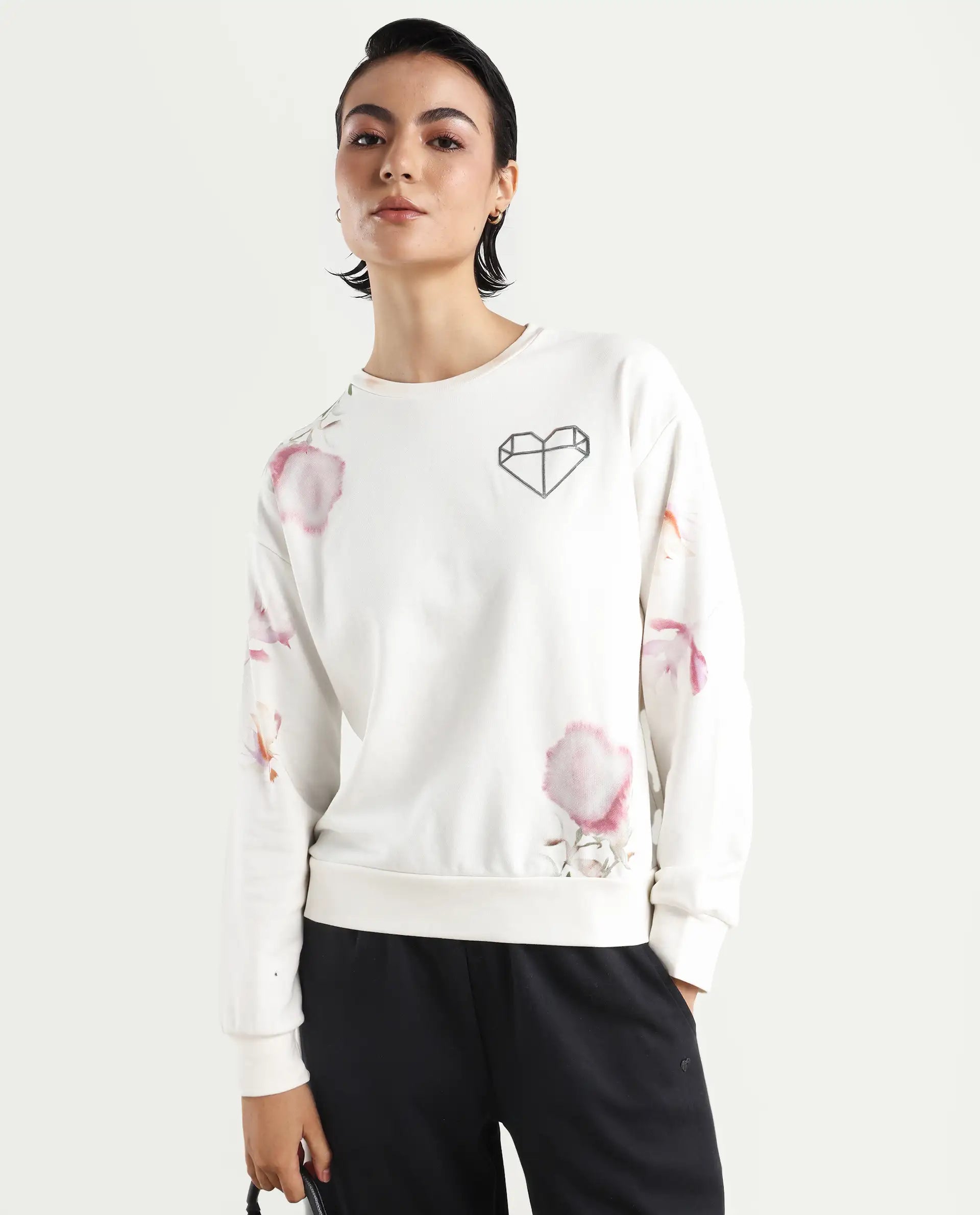 Rareism Women's Plume Off White Cotton Blend Crew Neck Graphic Print Relaxed Fit Sweatshirt