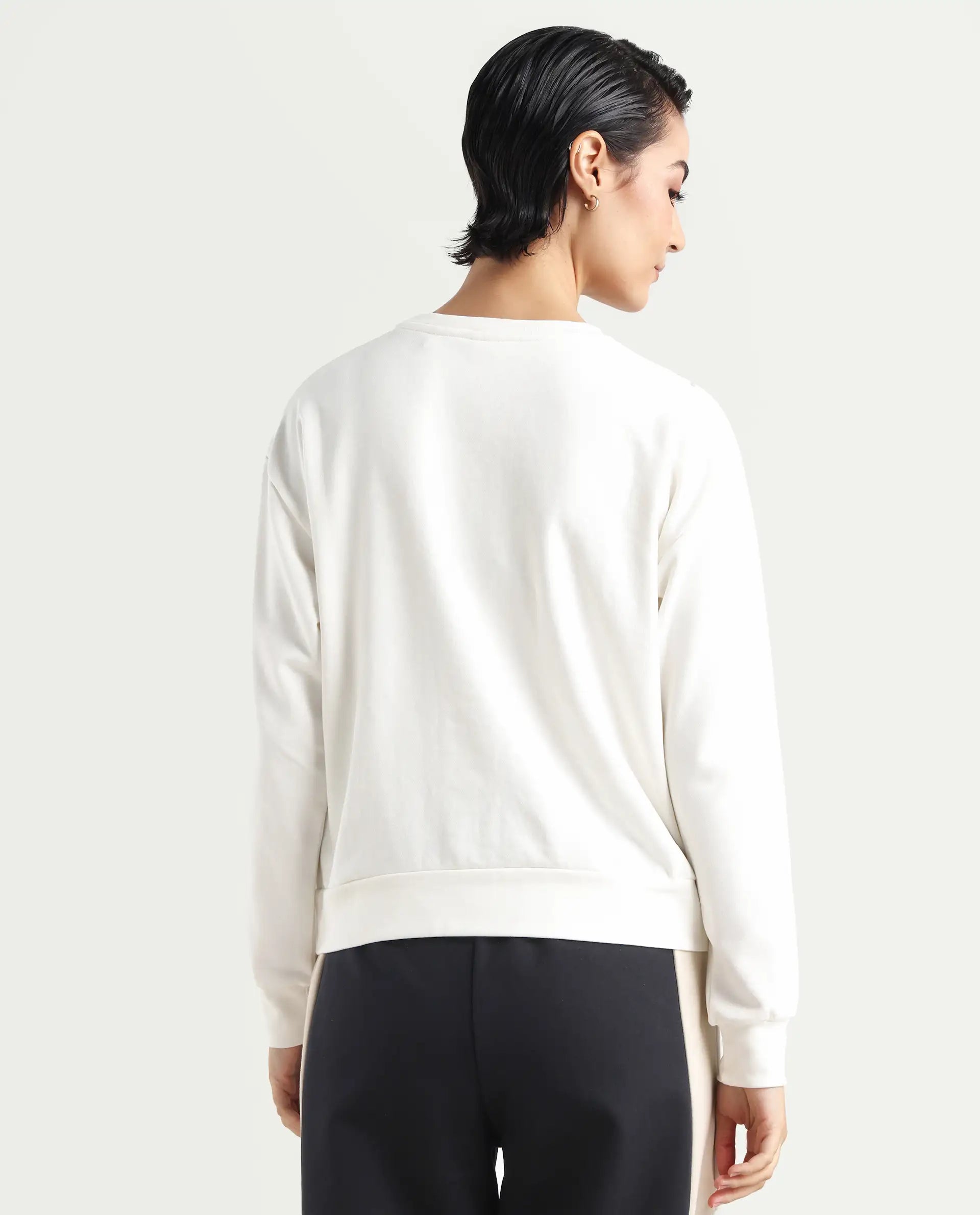 Rareism Women's Plume Off White Cotton Blend Crew Neck Graphic Print Relaxed Fit Sweatshirt