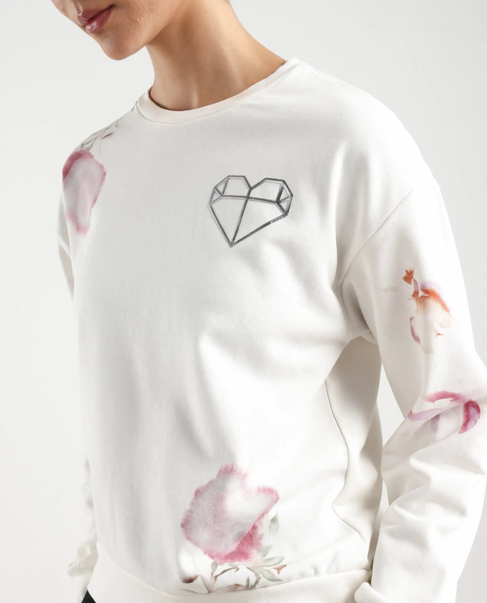 Rareism Women's Plume Off White Cotton Blend Crew Neck Graphic Print Relaxed Fit Sweatshirt