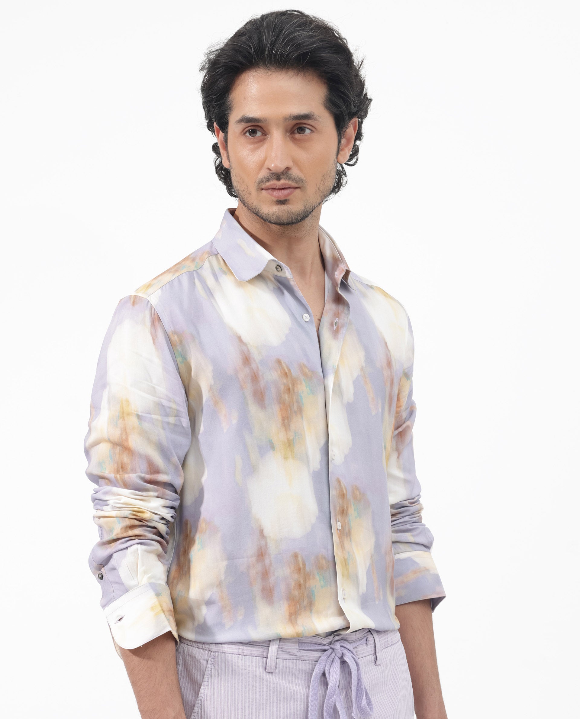 Rare Rabbit Mens Plushy LS Pastel Purple Viscose Fabric Full Sleeve Abstract Print Shirt