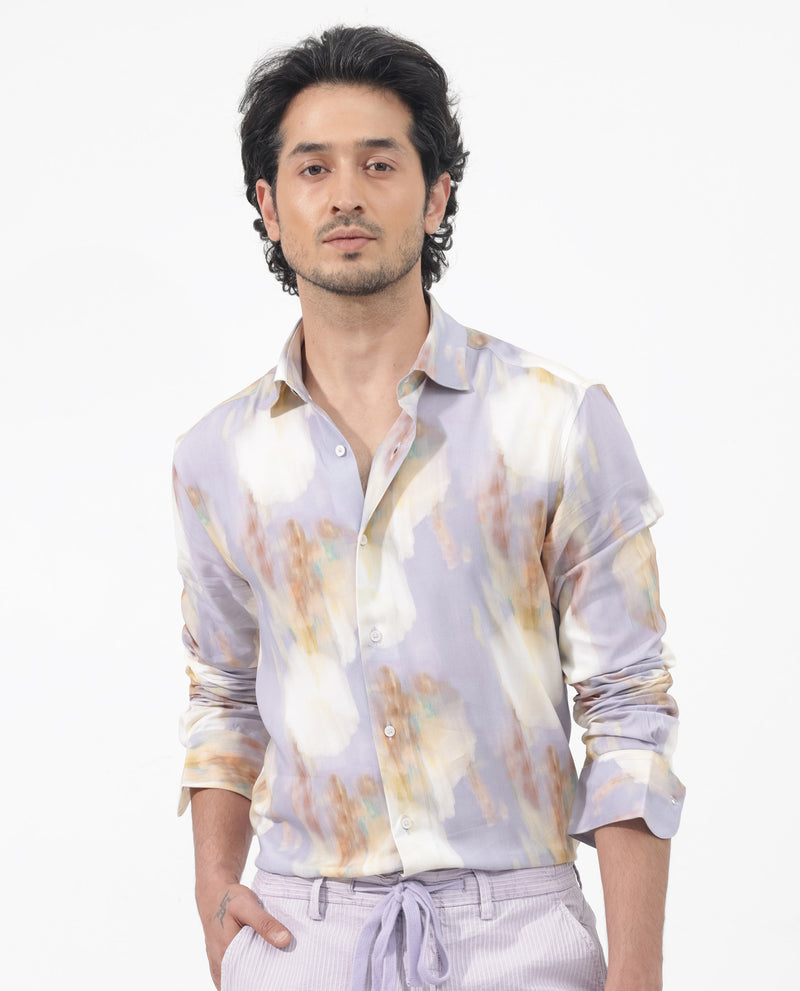 Rare Rabbit Mens Plushy LS Pastel Purple Viscose Fabric Full Sleeve Abstract Print Shirt