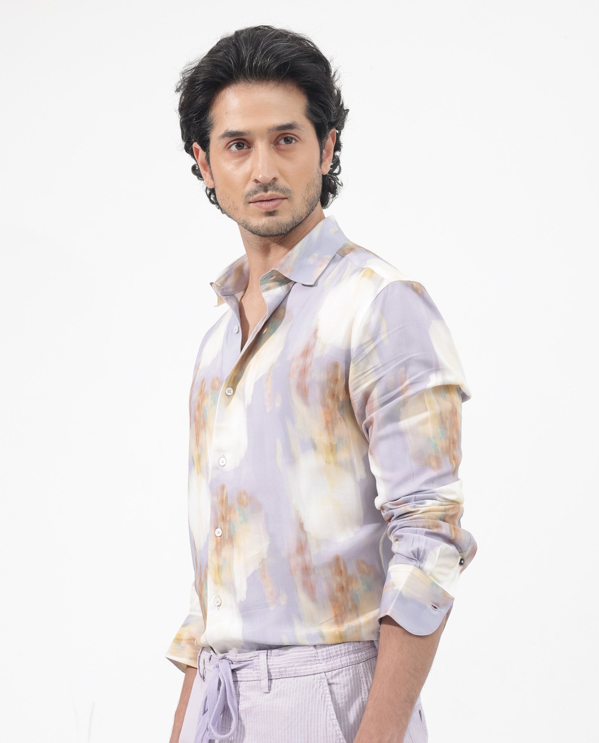 Rare Rabbit Mens Plushy LS Pastel Purple Viscose Fabric Full Sleeve Abstract Print Shirt