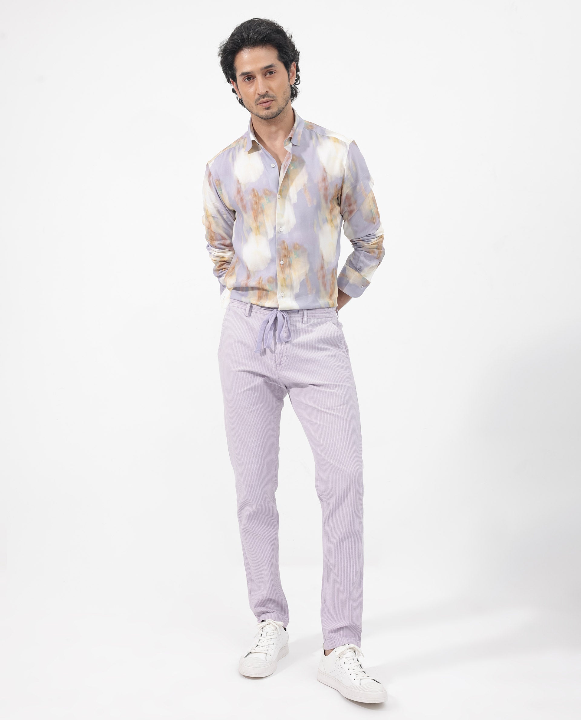 Rare Rabbit Mens Plushy LS Pastel Purple Viscose Fabric Full Sleeve Abstract Print Shirt