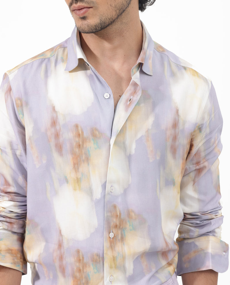 Rare Rabbit Mens Plushy LS Pastel Purple Viscose Fabric Full Sleeve Abstract Print Shirt