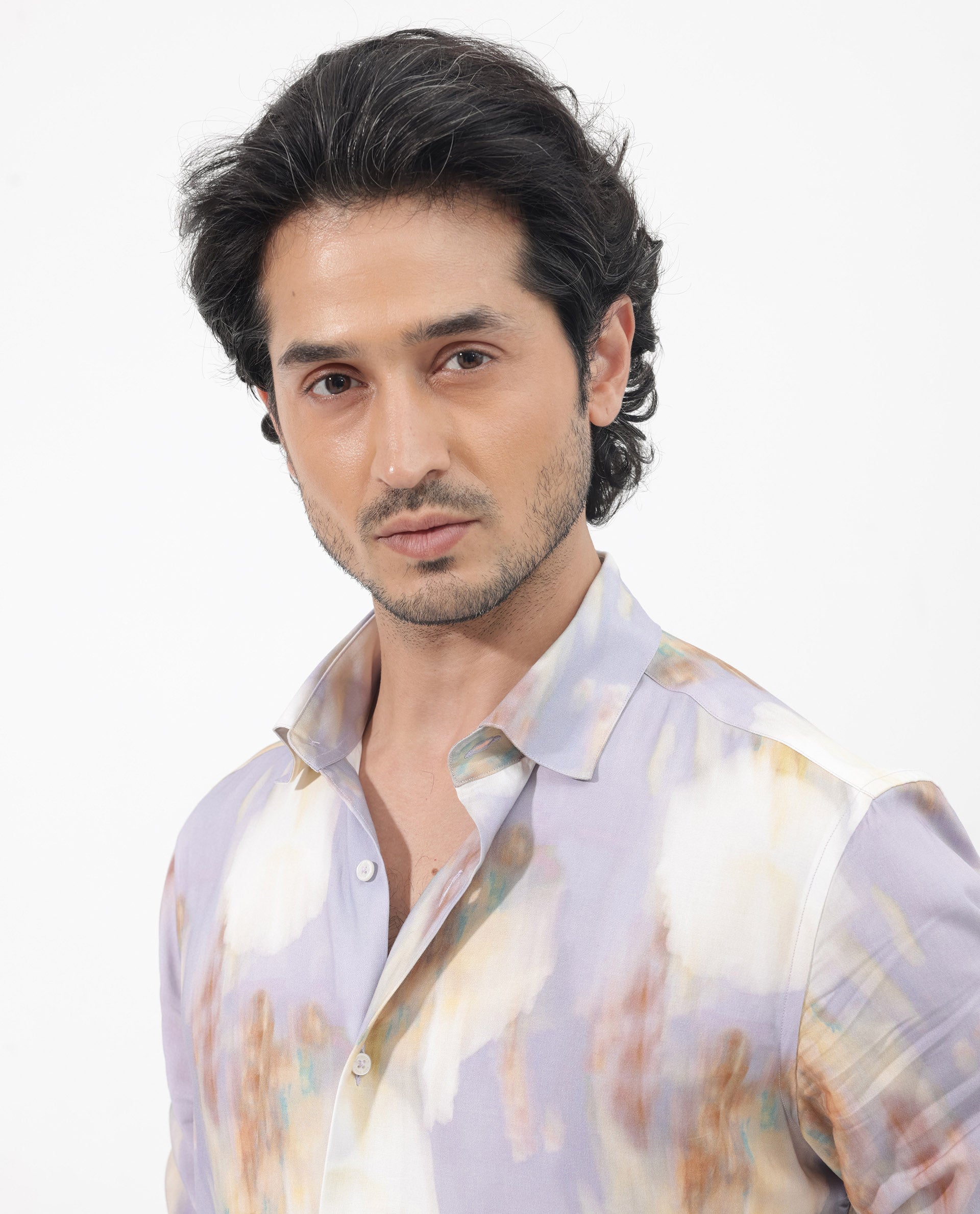 Rare Rabbit Mens Plushy LS Pastel Purple Viscose Fabric Full Sleeve Abstract Print Shirt