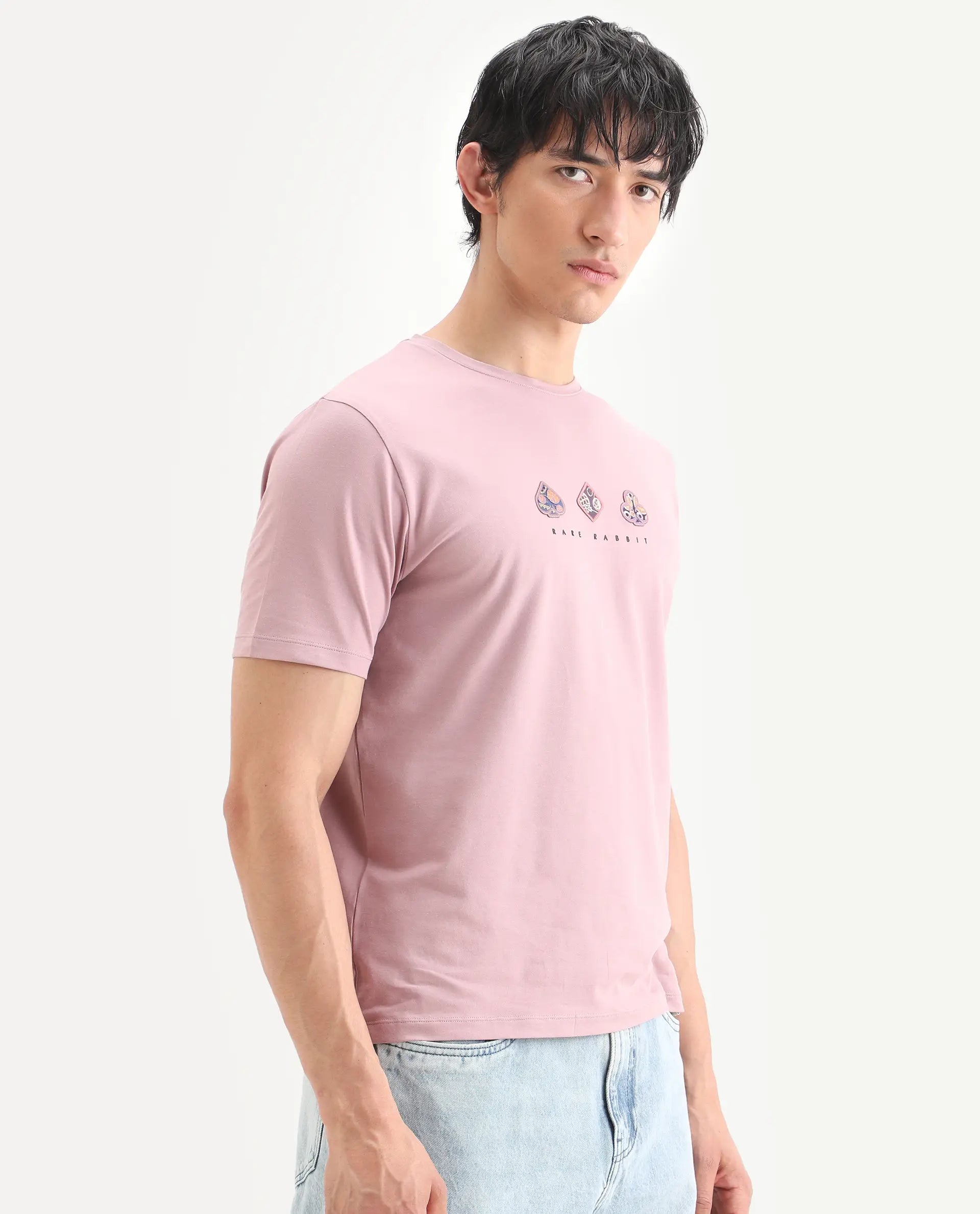 Rare Rabbit Men's Poat Dusky Pink Cotton Blend Fabric Half Sleeve Crew Neck Regular Fit T-Shirt