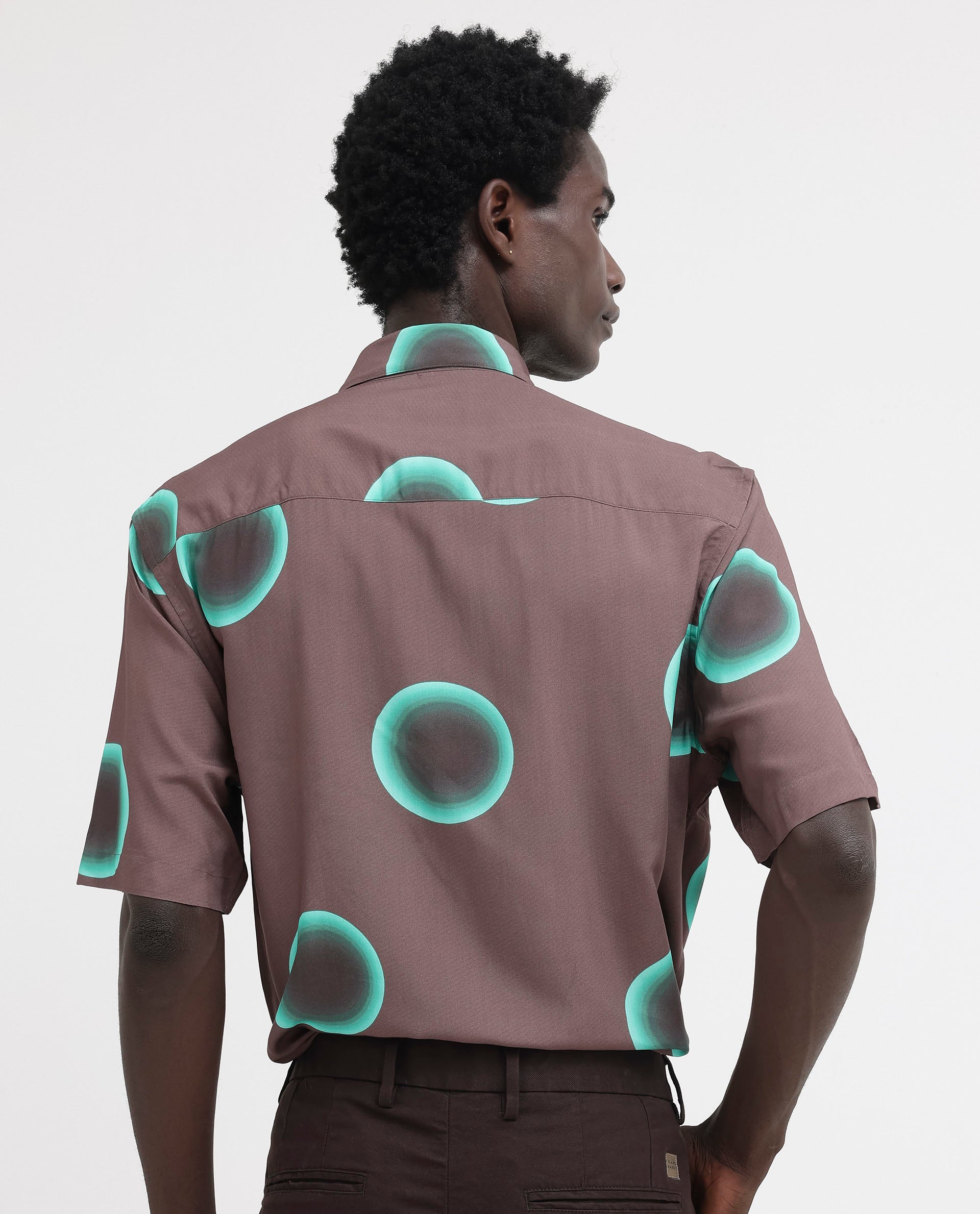 Rare Rabbit Mens Poblur Brown Viscose Fabric Short Sleeve Boxy Fit Polka Print Shirt