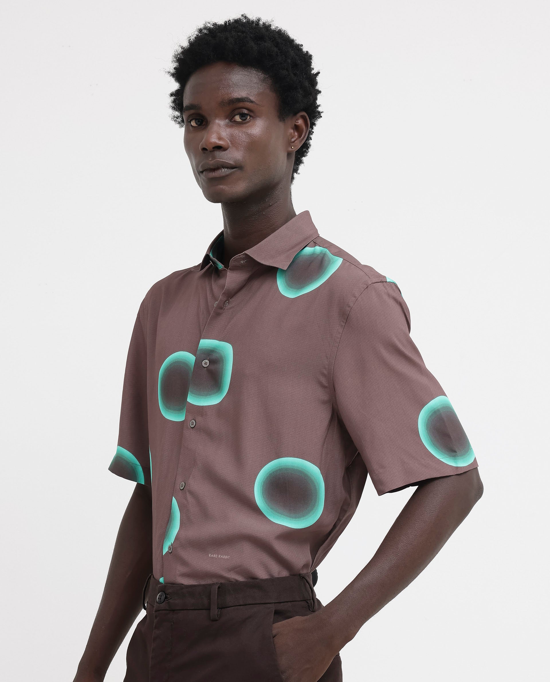 Rare Rabbit Mens Poblur Brown Viscose Fabric Short Sleeve Boxy Fit Polka Print Shirt