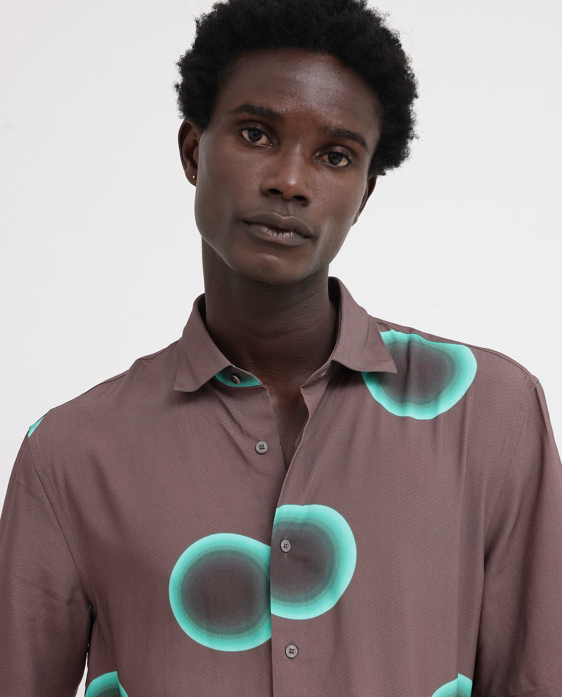 Rare Rabbit Mens Poblur Brown Viscose Fabric Short Sleeve Boxy Fit Polka Print Shirt