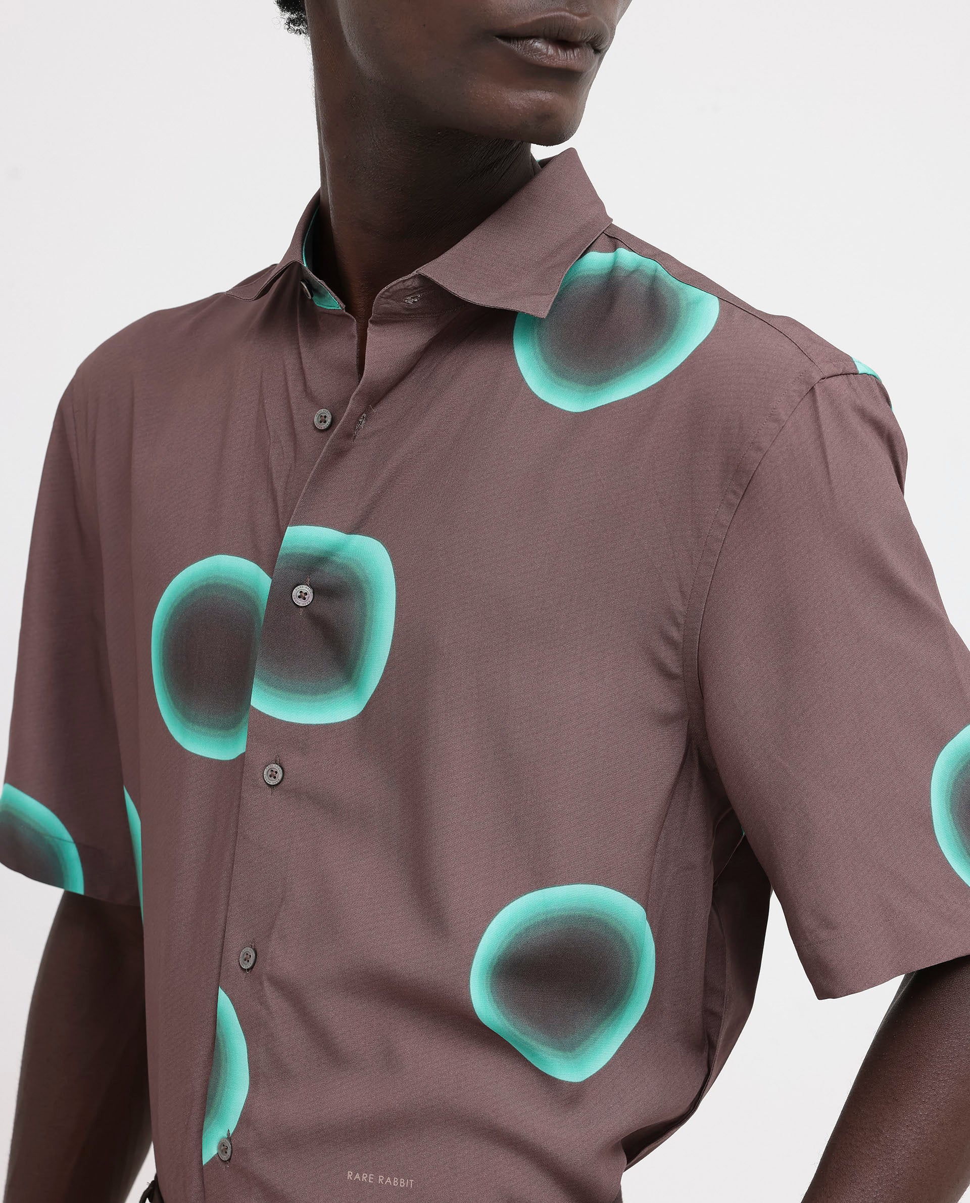 Rare Rabbit Mens Poblur Brown Viscose Fabric Short Sleeve Boxy Fit Polka Print Shirt
