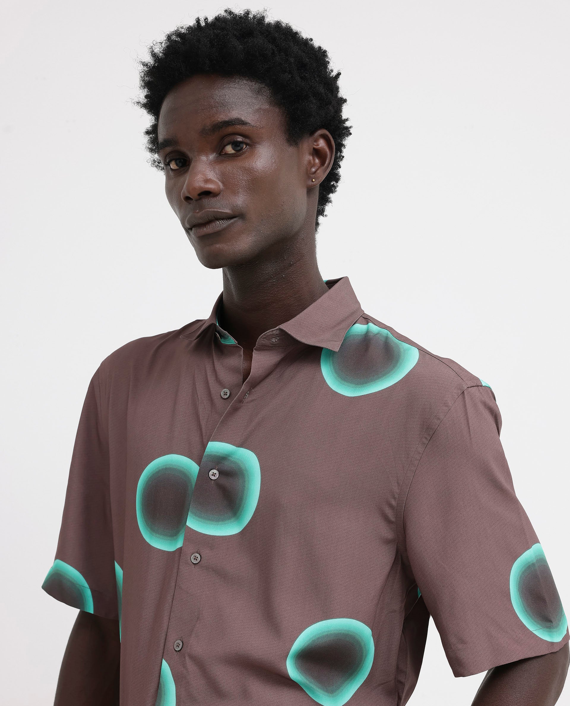 Rare Rabbit Mens Poblur Brown Viscose Fabric Short Sleeve Boxy Fit Polka Print Shirt