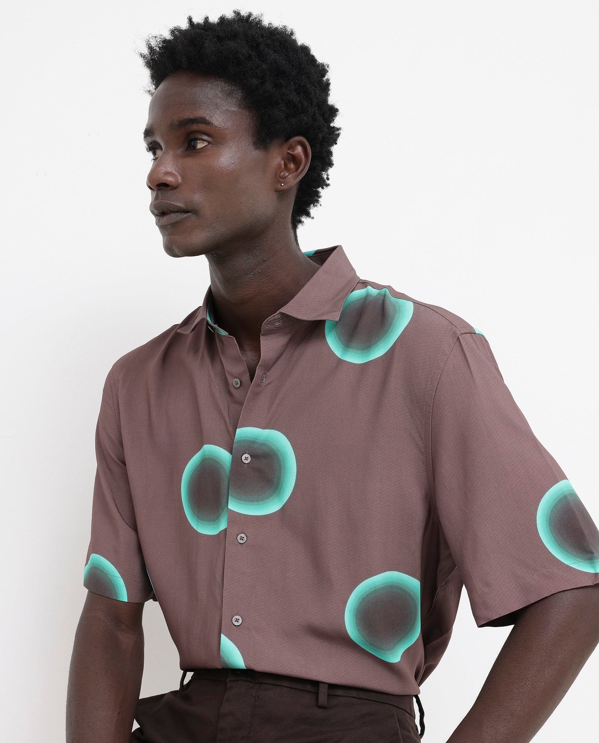 Rare Rabbit Mens Poblur Brown Viscose Fabric Short Sleeve Boxy Fit Polka Print Shirt