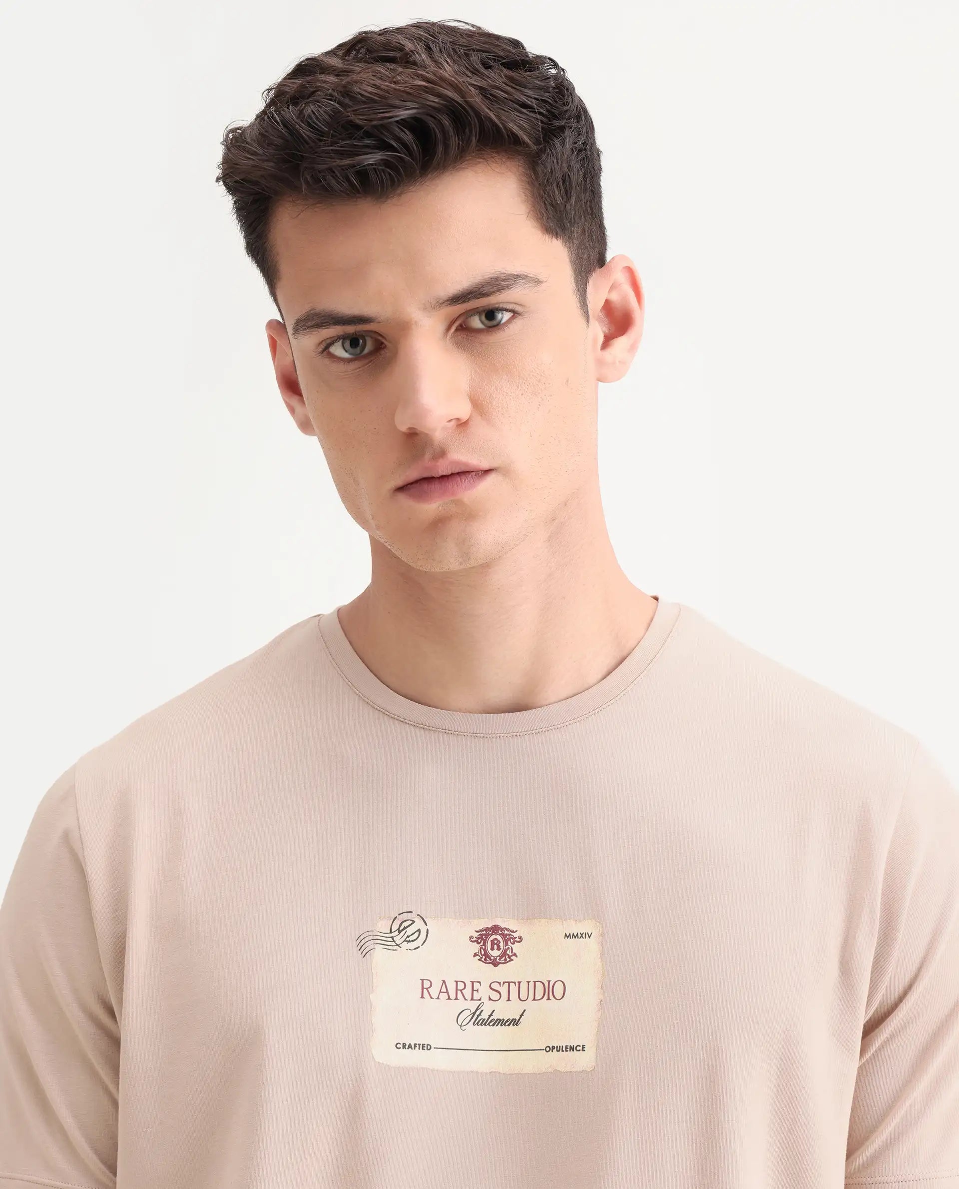 Rare Rabbit Men's Poca Beige Cotton Blend Graphic Print Regular Fit Half Sleeve Crew Neck T-Shirt