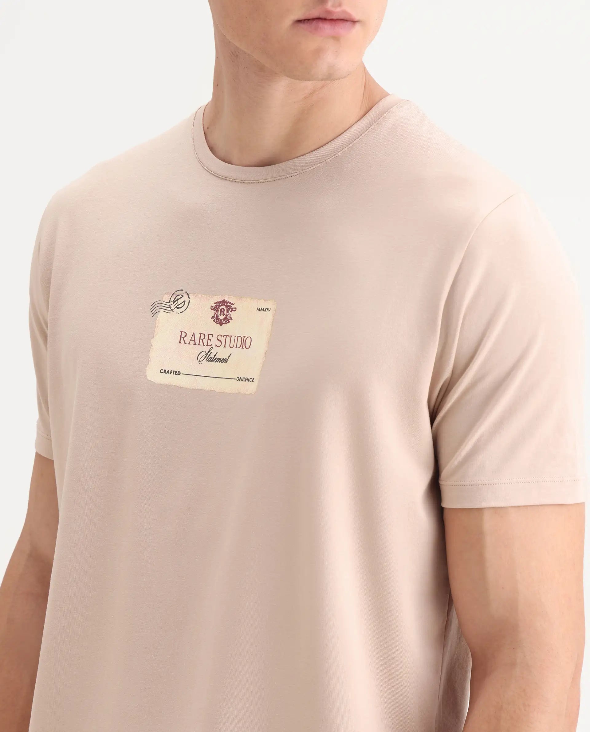 Rare Rabbit Men's Poca Beige Cotton Blend Graphic Print Regular Fit Half Sleeve Crew Neck T-Shirt