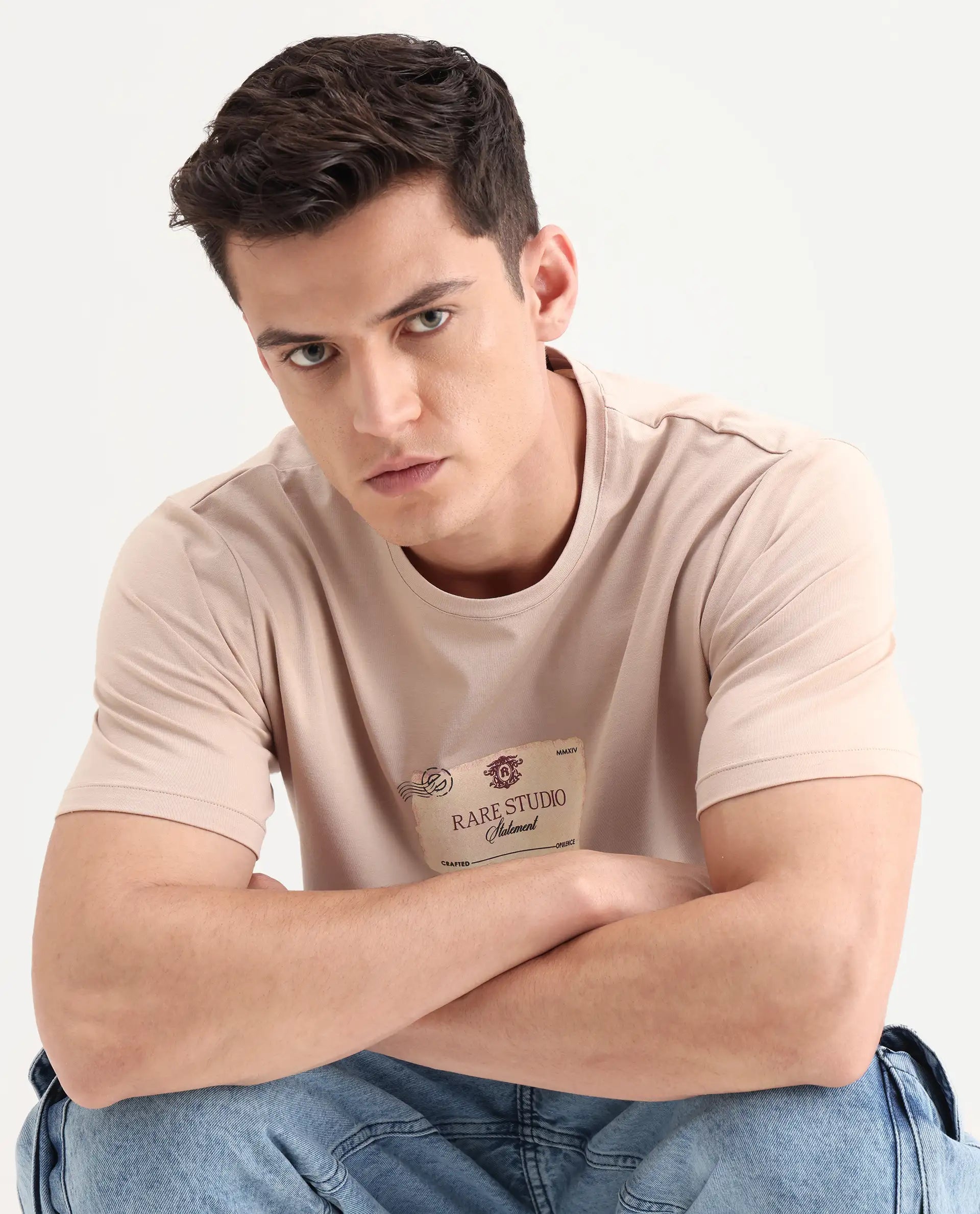Rare Rabbit Men's Poca Beige Cotton Blend Graphic Print Regular Fit Half Sleeve Crew Neck T-Shirt