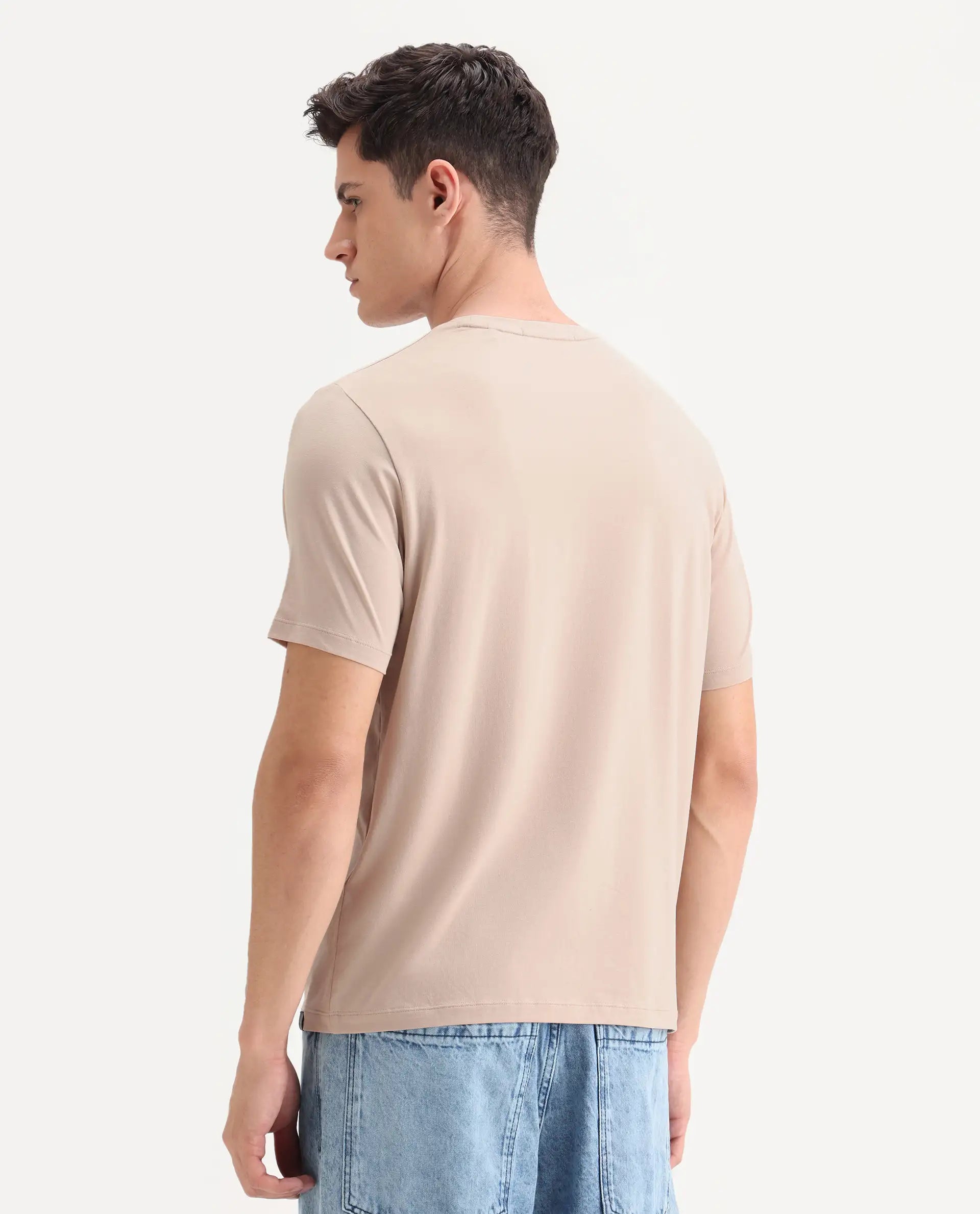 Rare Rabbit Men's Poca Beige Cotton Blend Graphic Print Regular Fit Half Sleeve Crew Neck T-Shirt