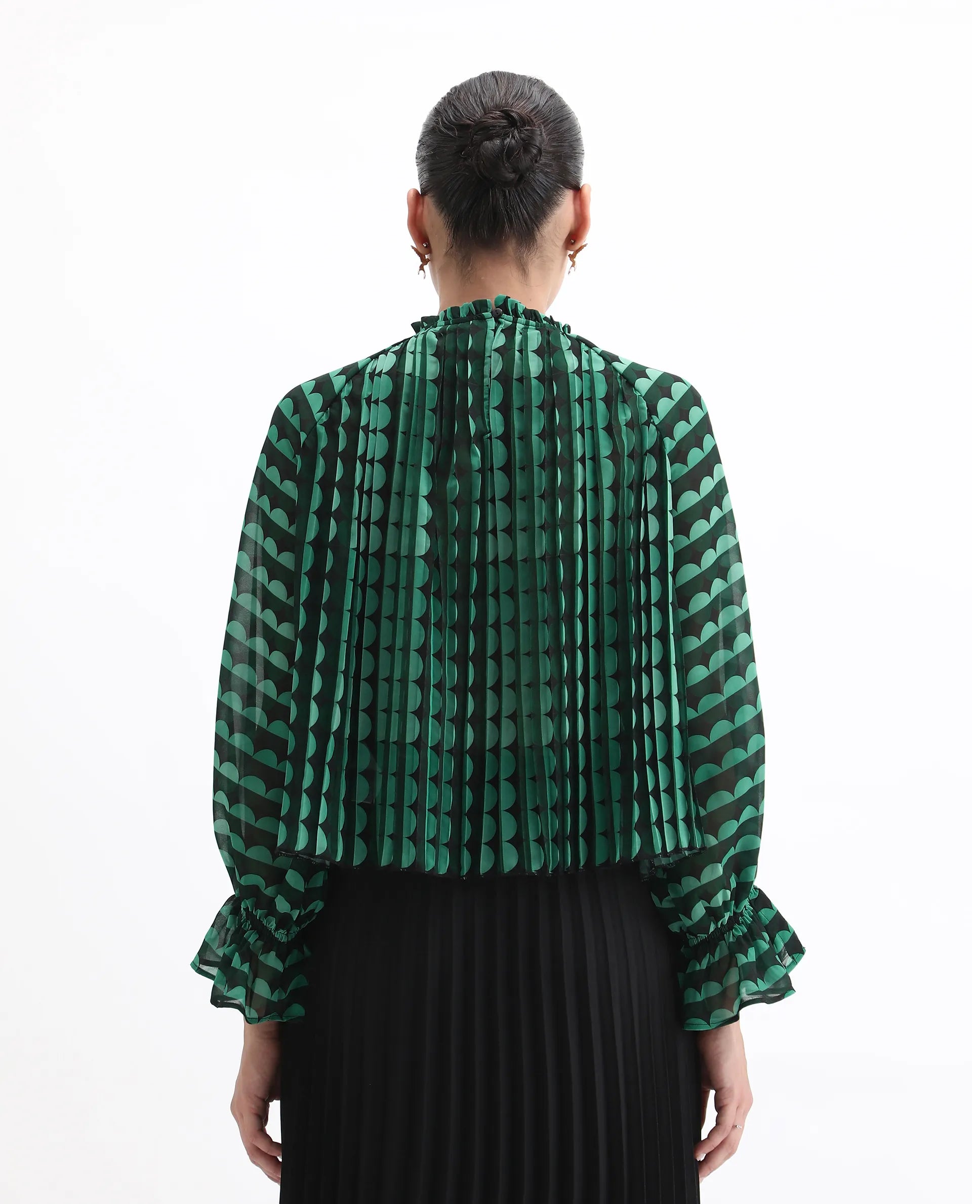 Rareism Women's Poehler Black Polyester Sweetheart Neck Geometric Print Raglan Sleeve Relaxed Fit Top