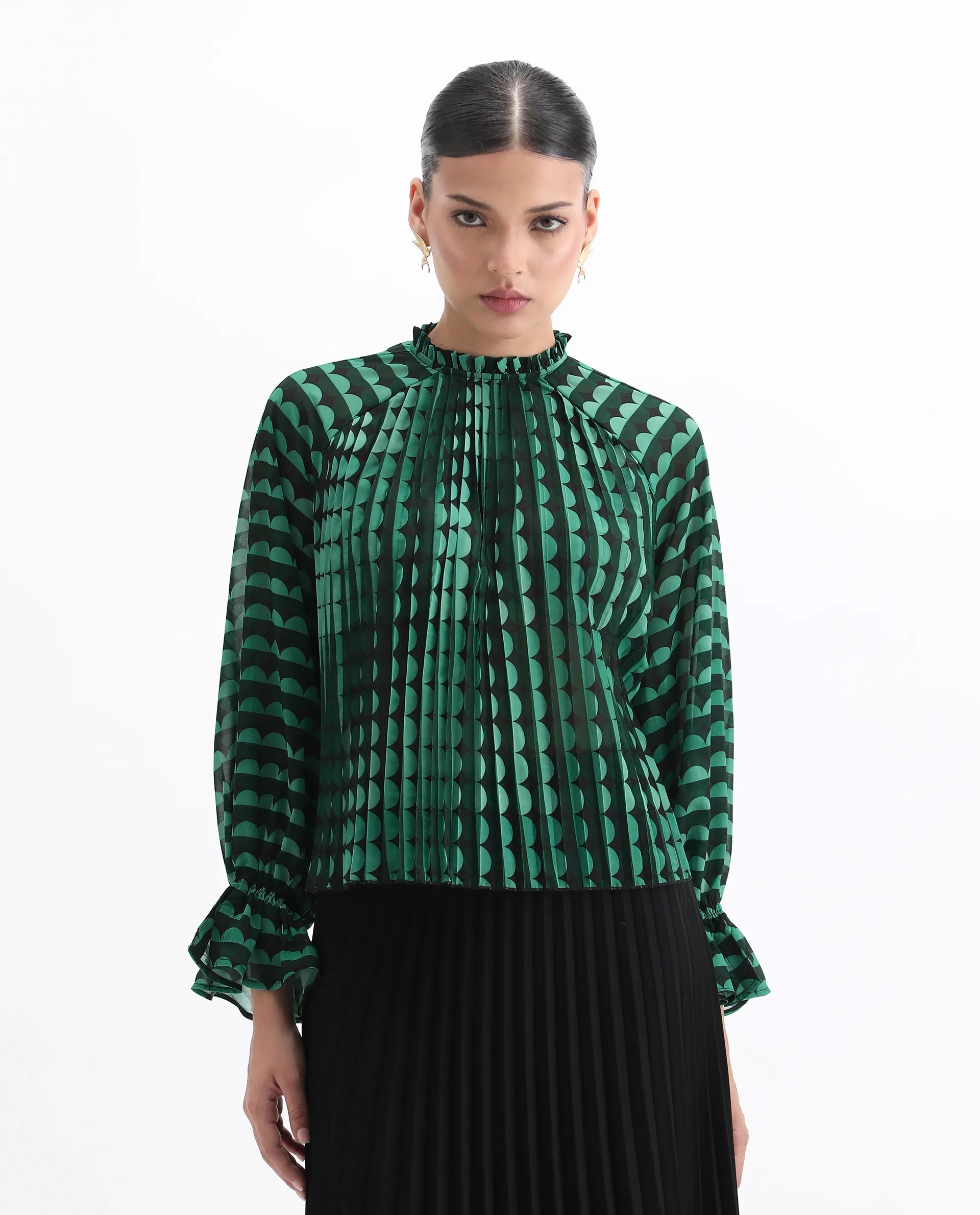 Rareism Women's Poehler Black Polyester Sweetheart Neck Geometric Print Raglan Sleeve Relaxed Fit Top