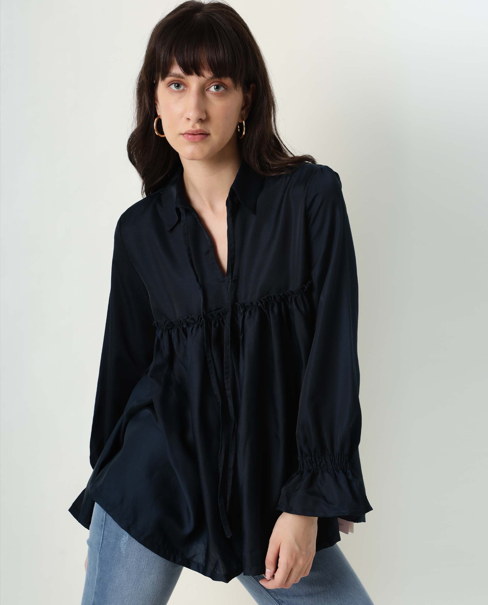 Rareism Women Poet Petrol Polyester Fabric Relaxed Fit Tie-Up Neck Full Sleeves Solid Top