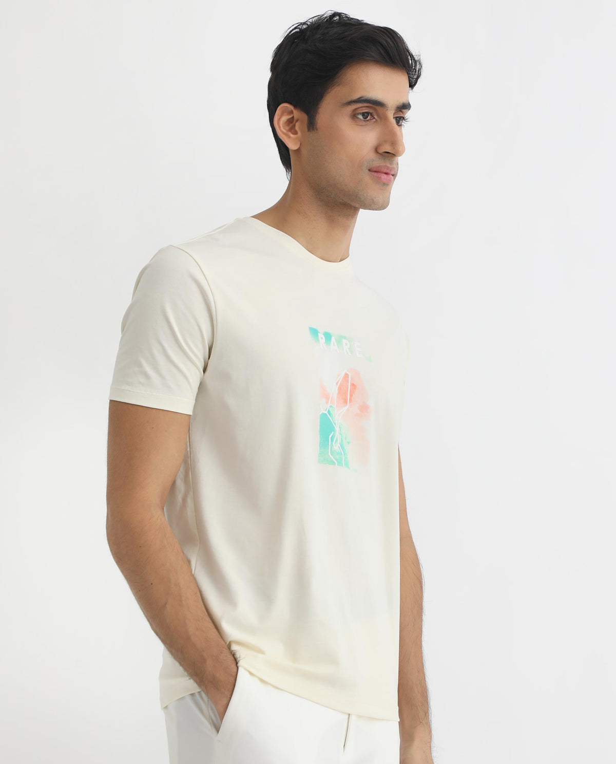 Rare Rabbit Men's Poet Pastel Yellow Discharge And HD Printed Logo Half Sleeves Slim Fit T-Shirt