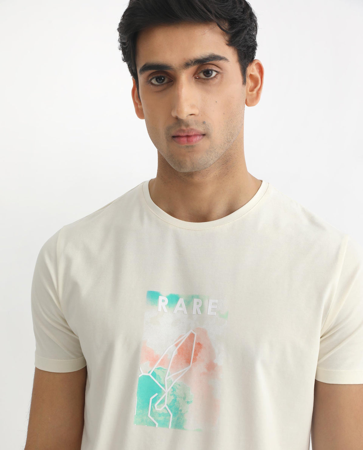 Rare Rabbit Men's Poet Pastel Yellow Discharge And HD Printed Logo Half Sleeves Slim Fit T-Shirt