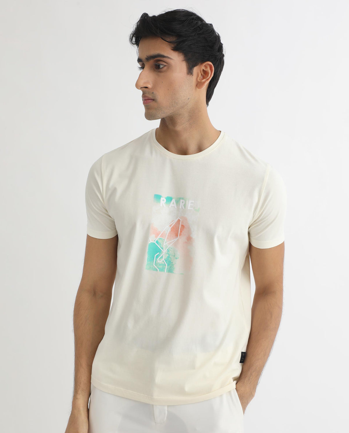 Rare Rabbit Men's Poet Pastel Yellow Discharge And HD Printed Logo Half Sleeves Slim Fit T-Shirt