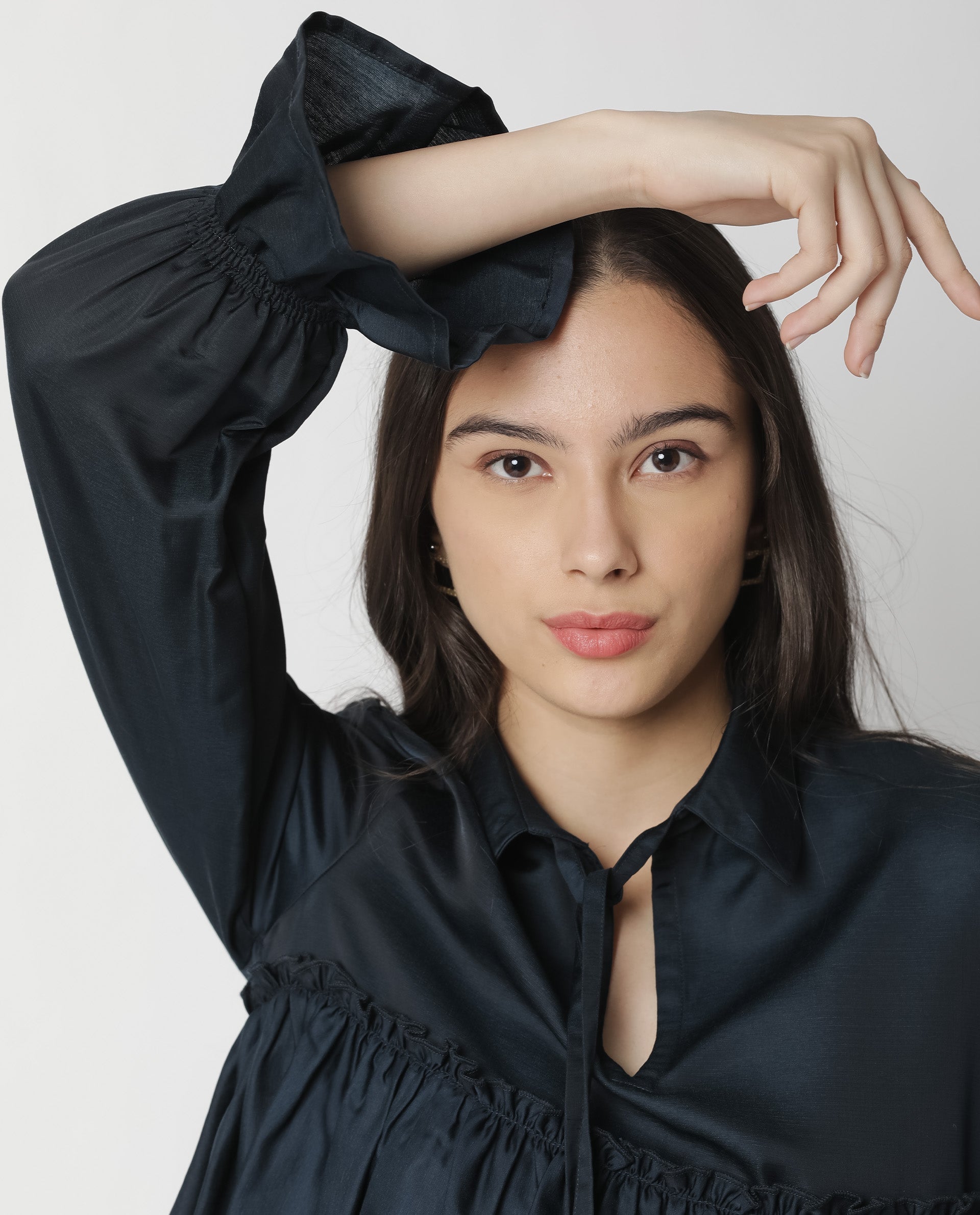 Rareism Women Poet Petrol Polyester Fabric Relaxed Fit Tie-Up Neck Full Sleeves Solid Top