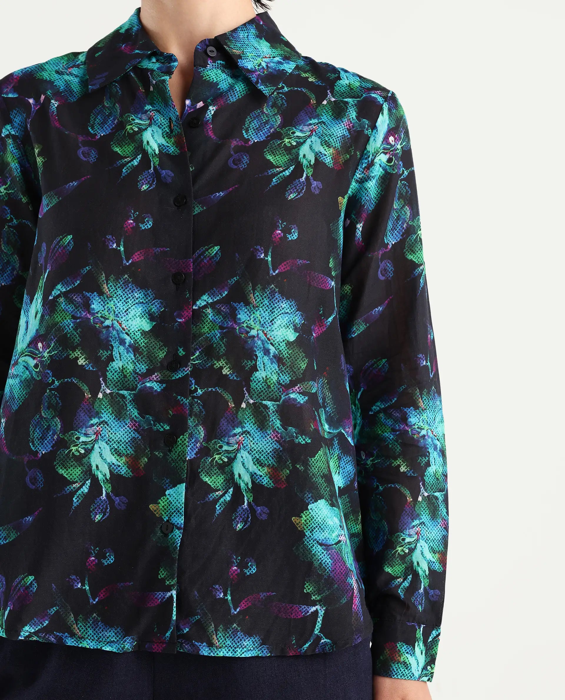 Rareism Women's Pointy Multi Cotton Spread Collar Floral Print Regular Fit Top