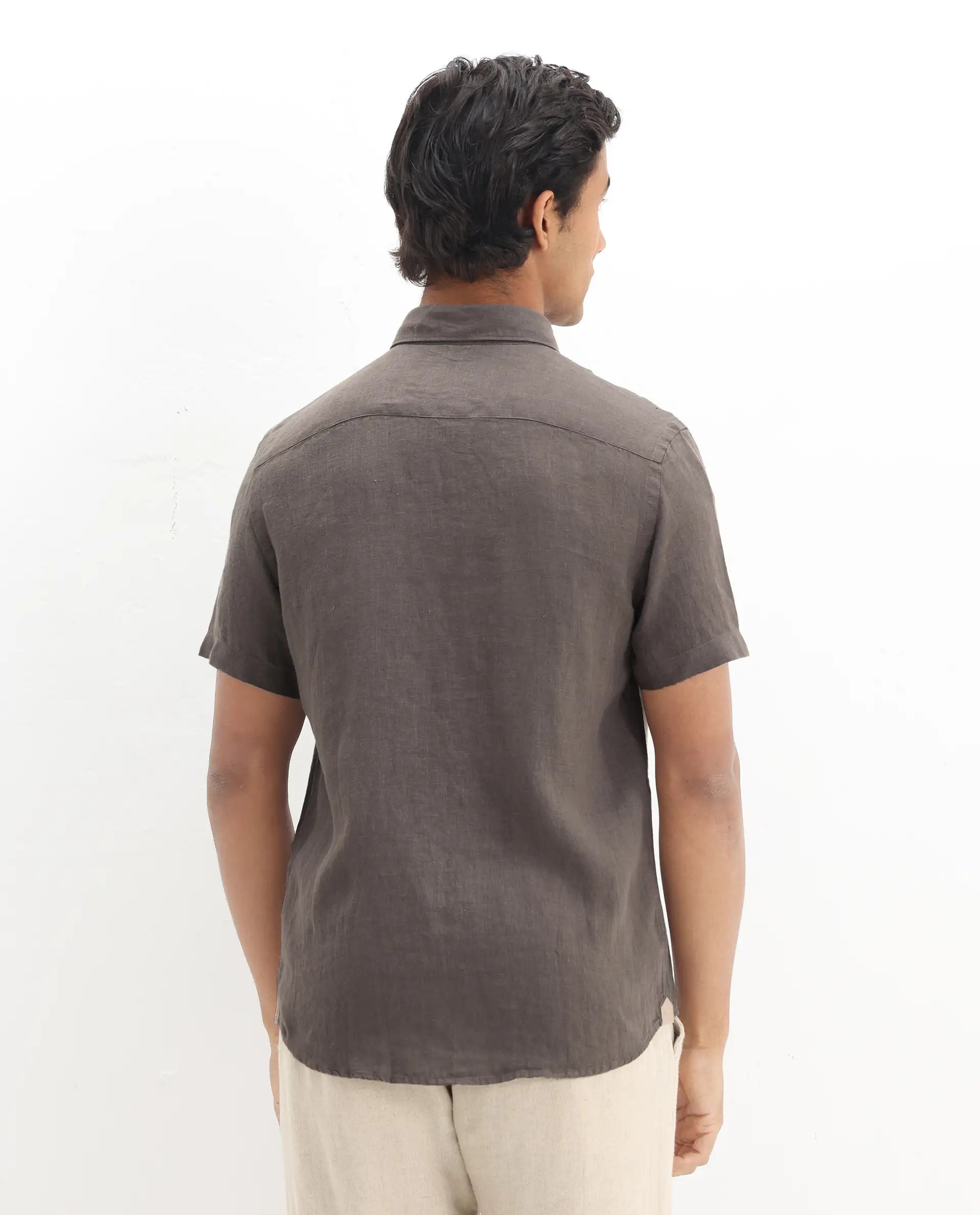 Rare Rabbit Men's Poist Dark Brown Linen Plain Regular Fit Half Sleeve Collared Shirt