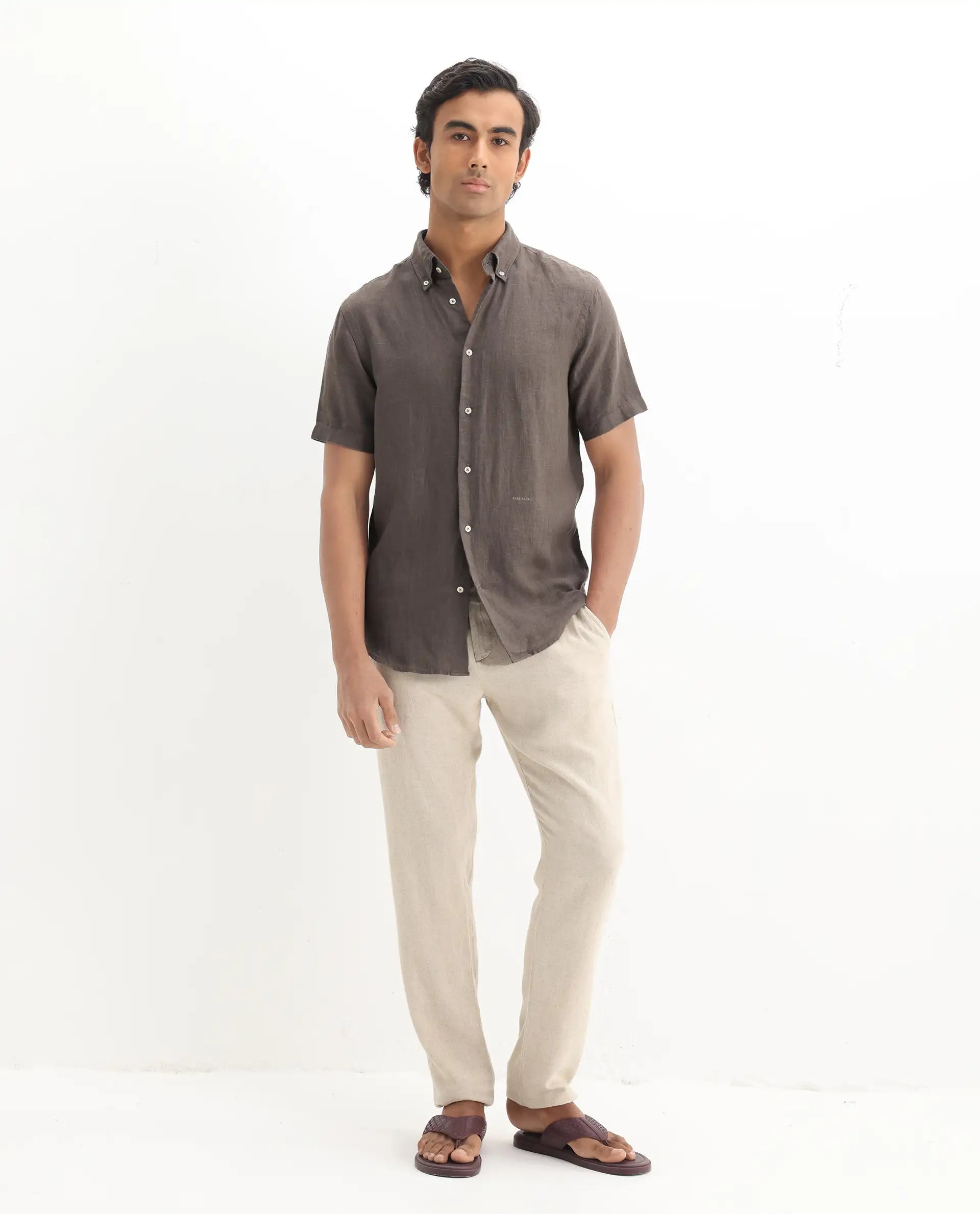 Rare Rabbit Men's Poist Dark Brown Linen Plain Regular Fit Half Sleeve Collared Shirt