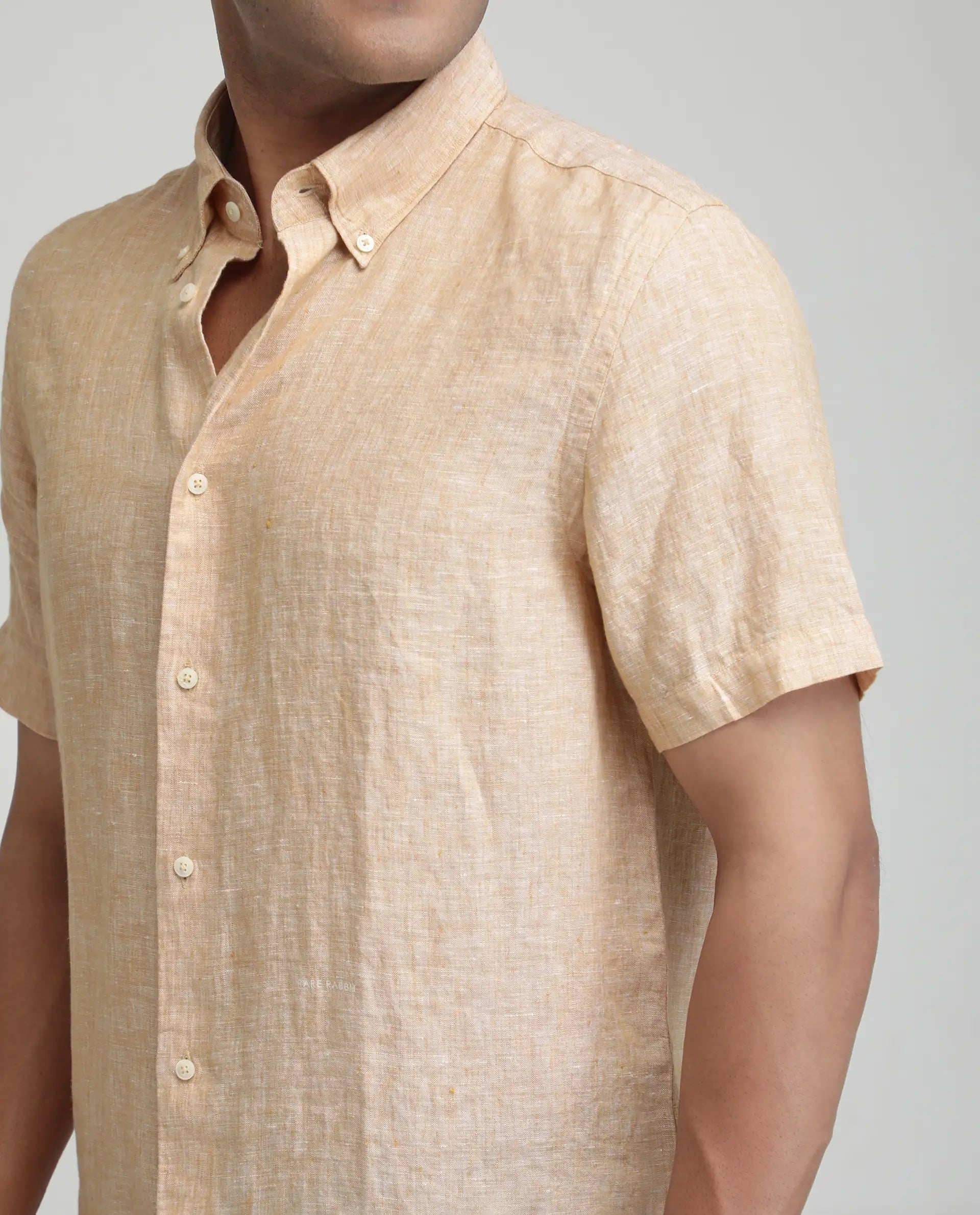 Rare Rabbit Men's Poist Dusky Yellow Linen Plain Regular Fit Half Sleeve Collared Shirt