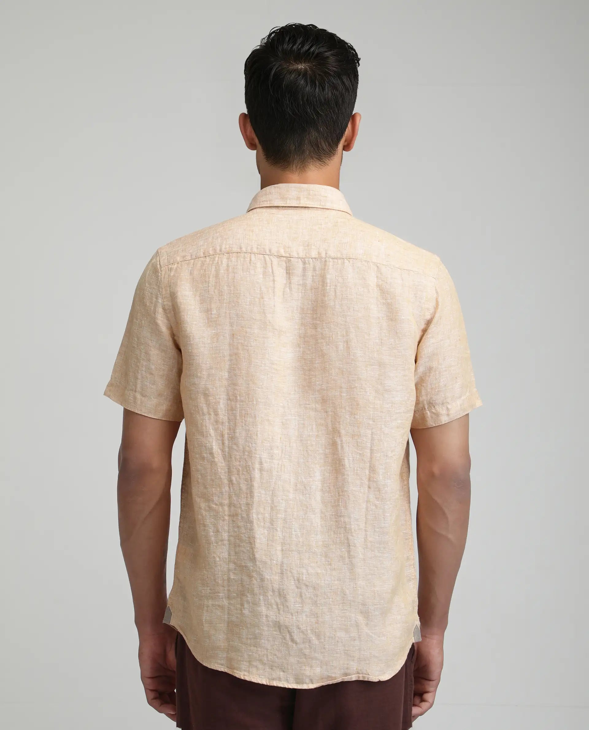 Rare Rabbit Men's Poist Dusky Yellow Linen Plain Regular Fit Half Sleeve Collared Shirt