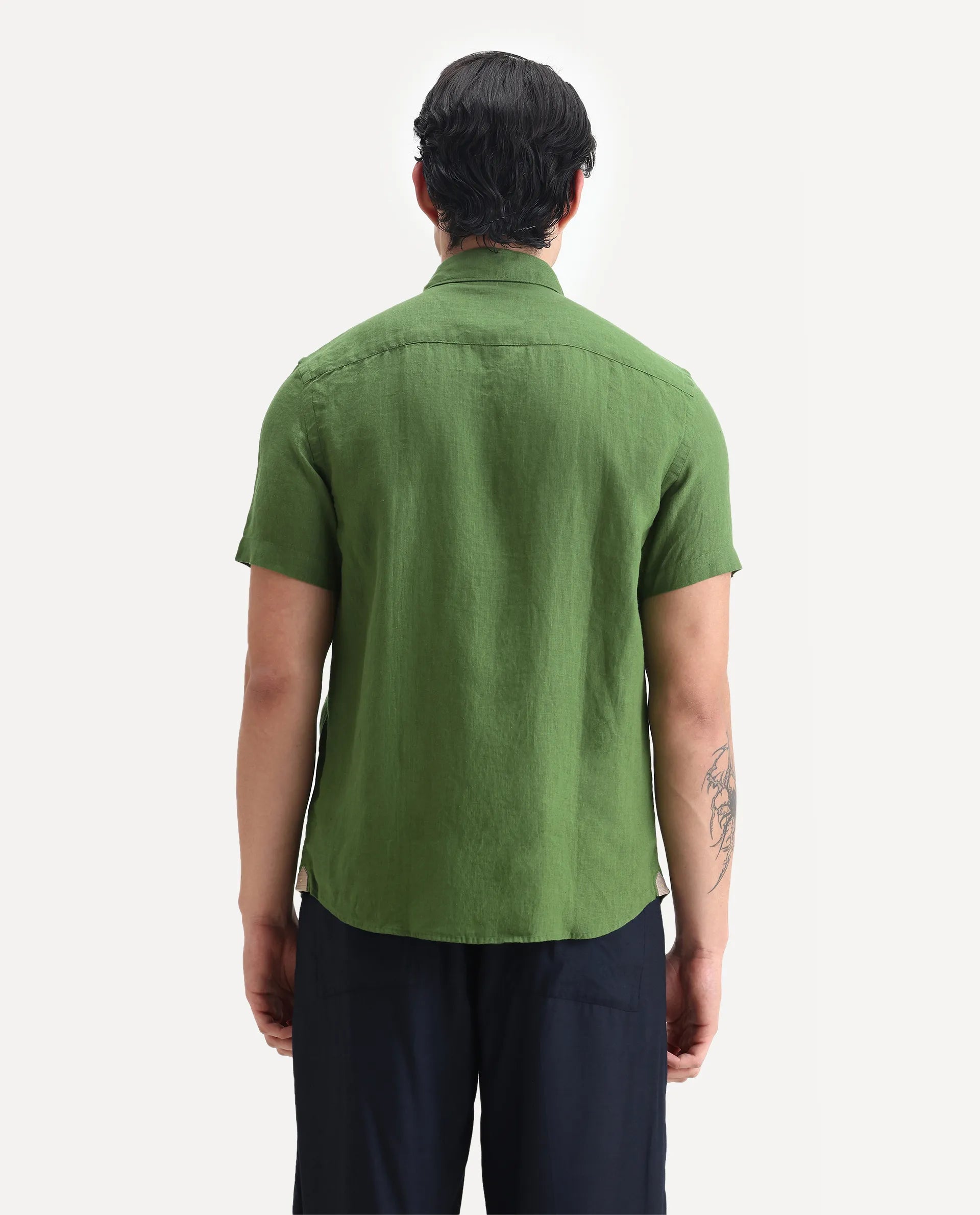 Rare Rabbit Men's Poist Jordin Linen Plain Regular Fit Half Sleeve Collared Shirt
