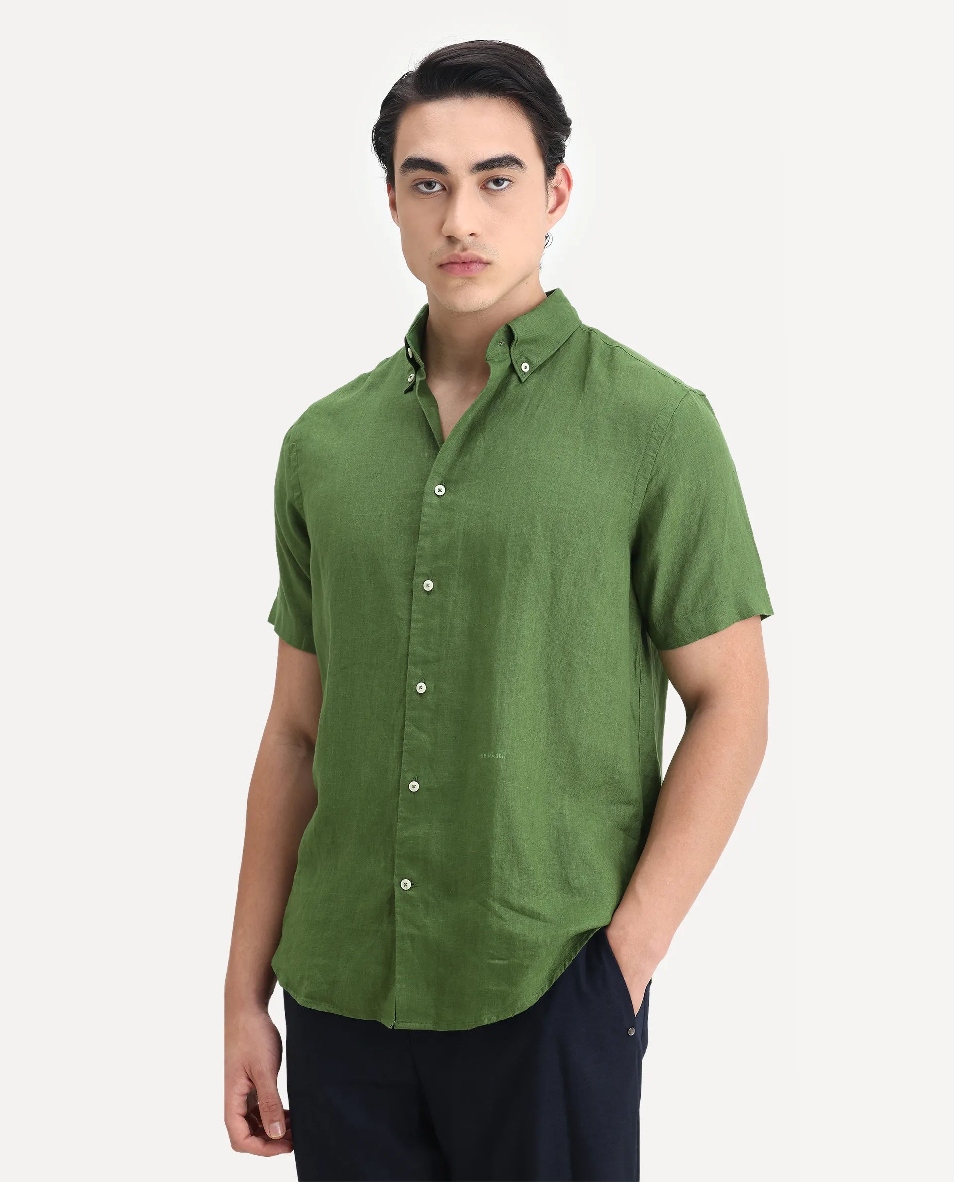 Rare Rabbit Men's Poist Jordin Linen Plain Regular Fit Half Sleeve Collared Shirt
