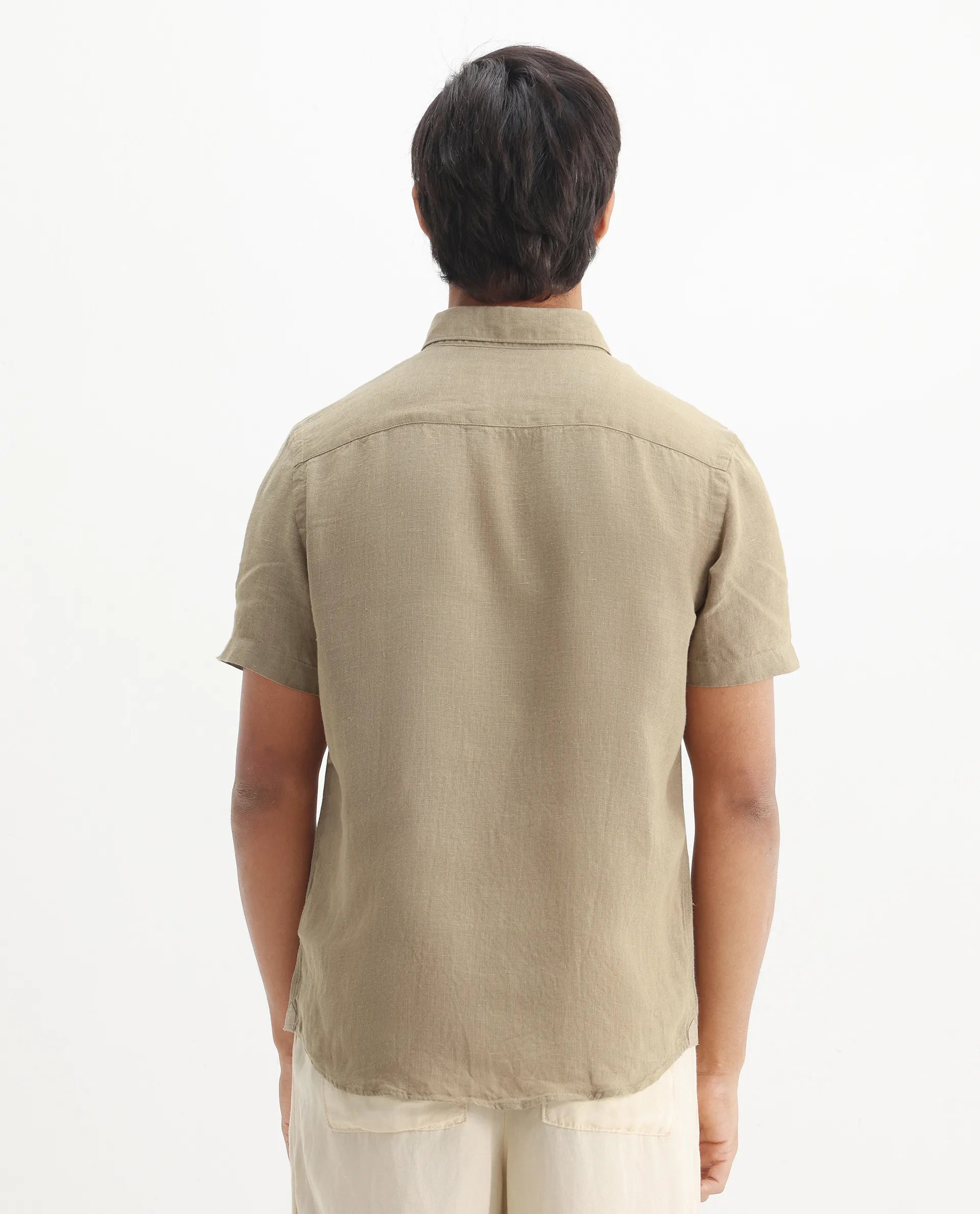 Rare Rabbit Men's Poist Khaki Linen Plain Regular Fit Half Sleeve Collared Shirt