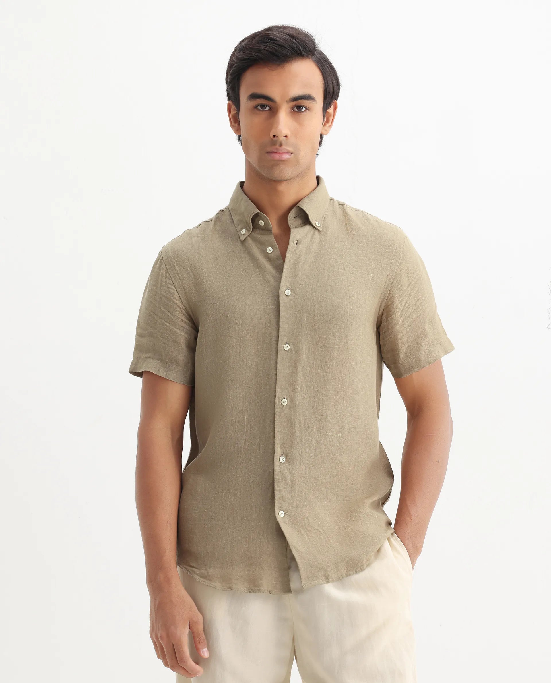 Rare Rabbit Men's Poist Khaki Linen Plain Regular Fit Half Sleeve Collared Shirt