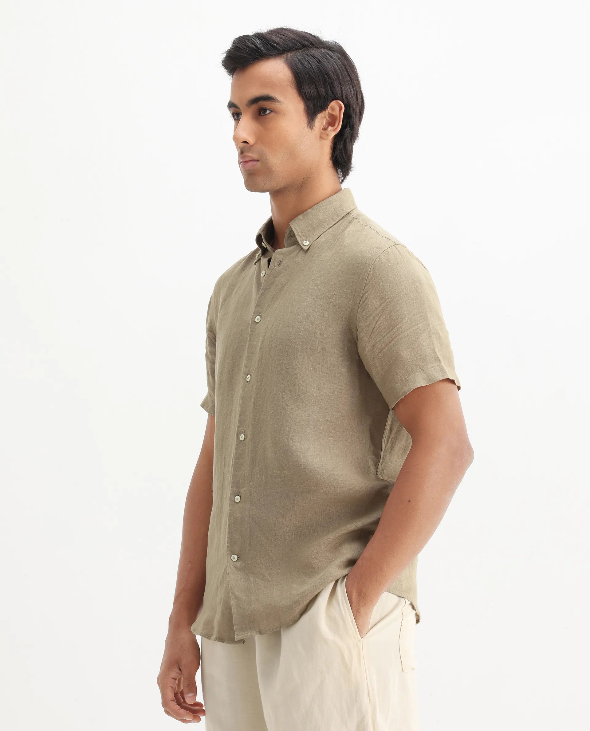 Rare Rabbit Men's Poist Khaki Linen Plain Regular Fit Half Sleeve Collared Shirt