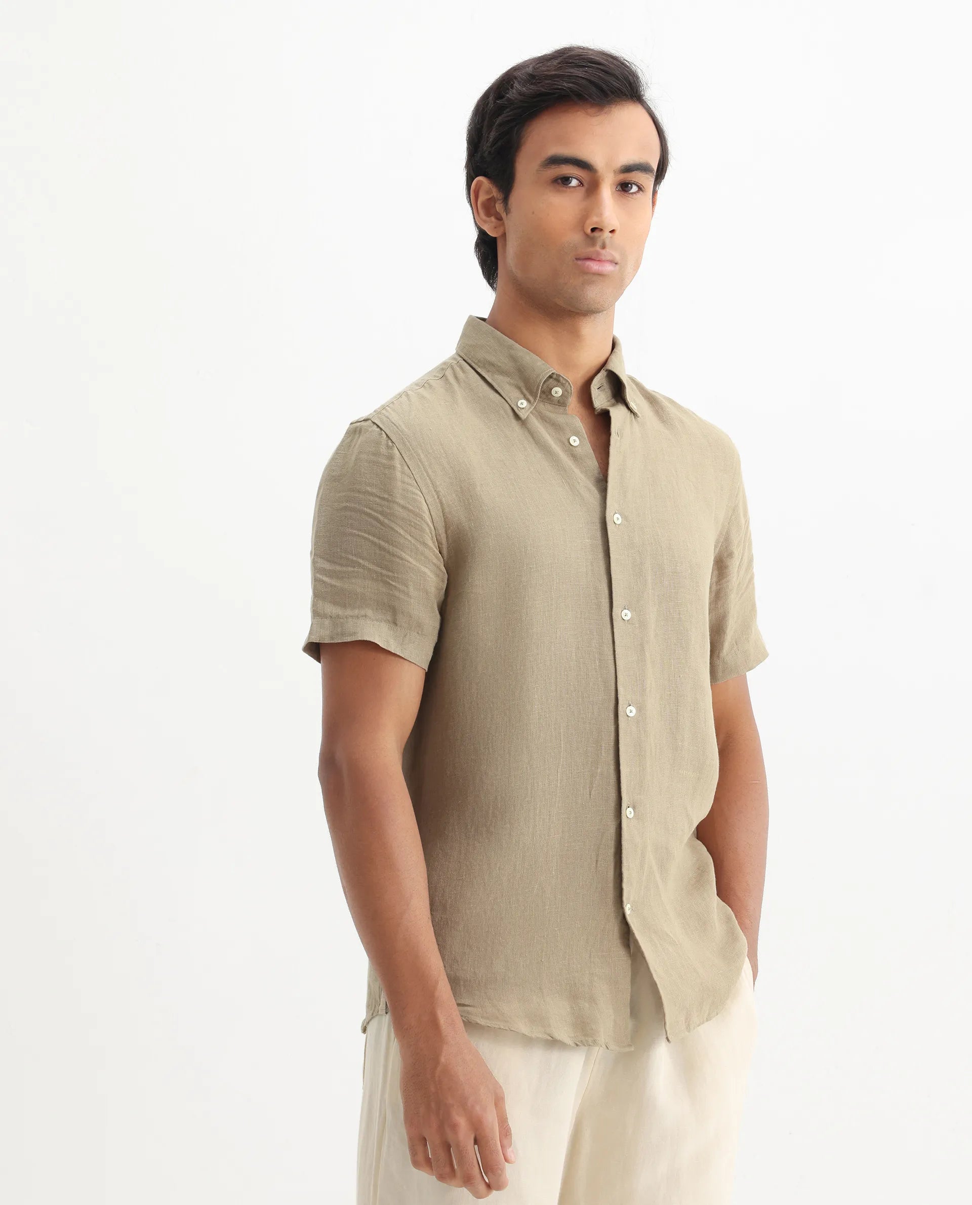 Rare Rabbit Men's Poist Khaki Linen Plain Regular Fit Half Sleeve Collared Shirt
