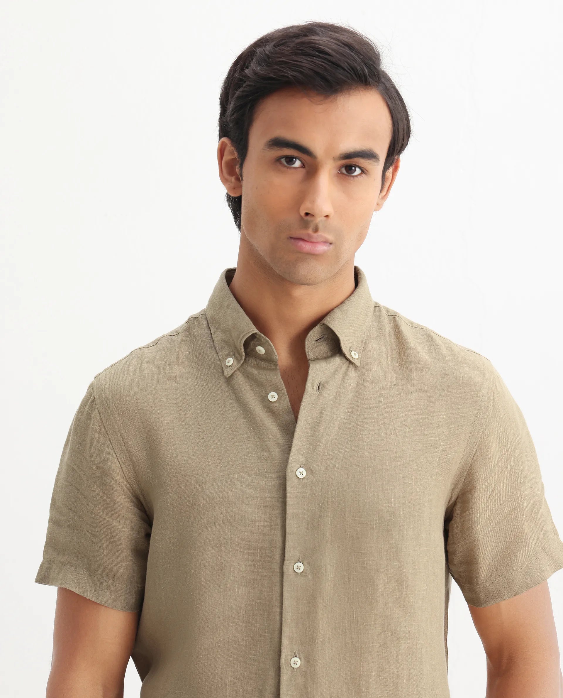 Rare Rabbit Men's Poist Khaki Linen Plain Regular Fit Half Sleeve Collared Shirt