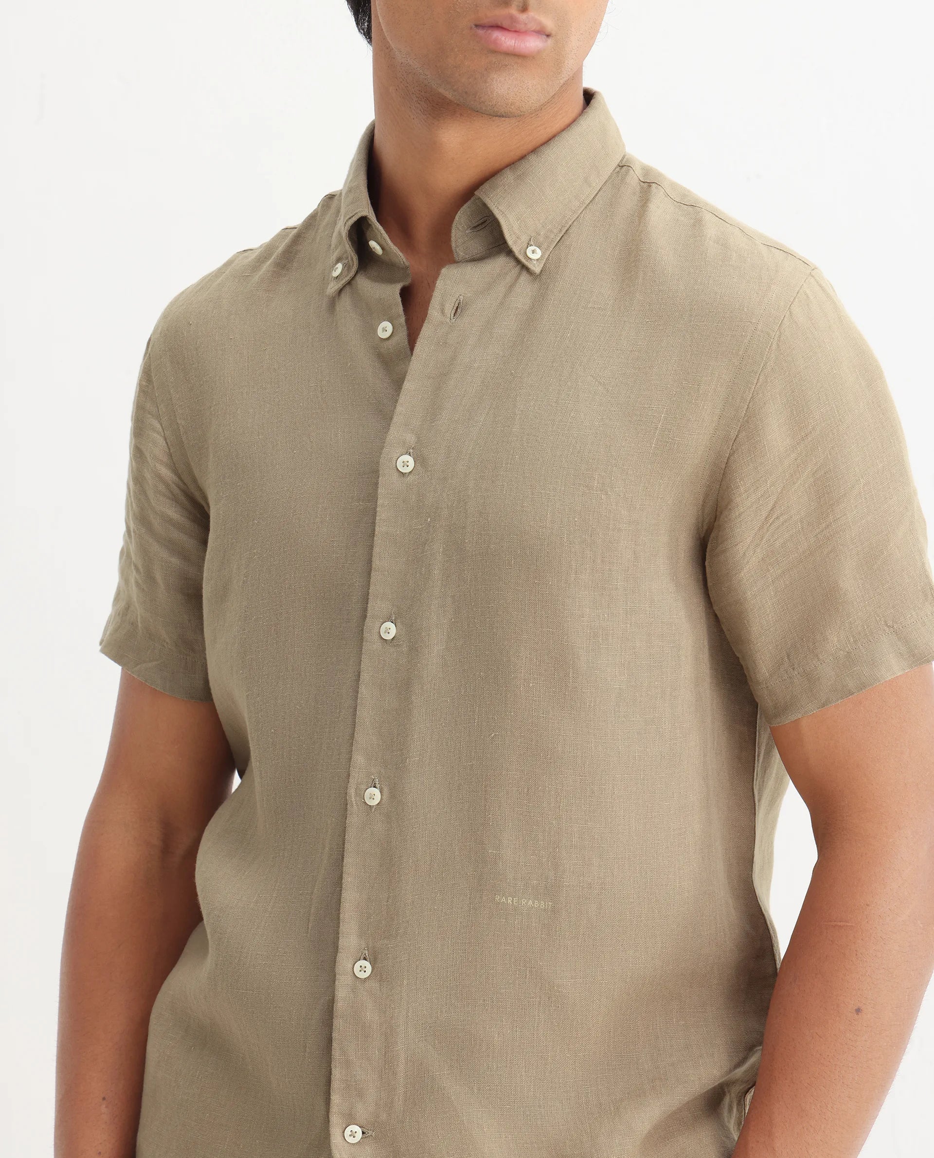Rare Rabbit Men's Poist Khaki Linen Plain Regular Fit Half Sleeve Collared Shirt