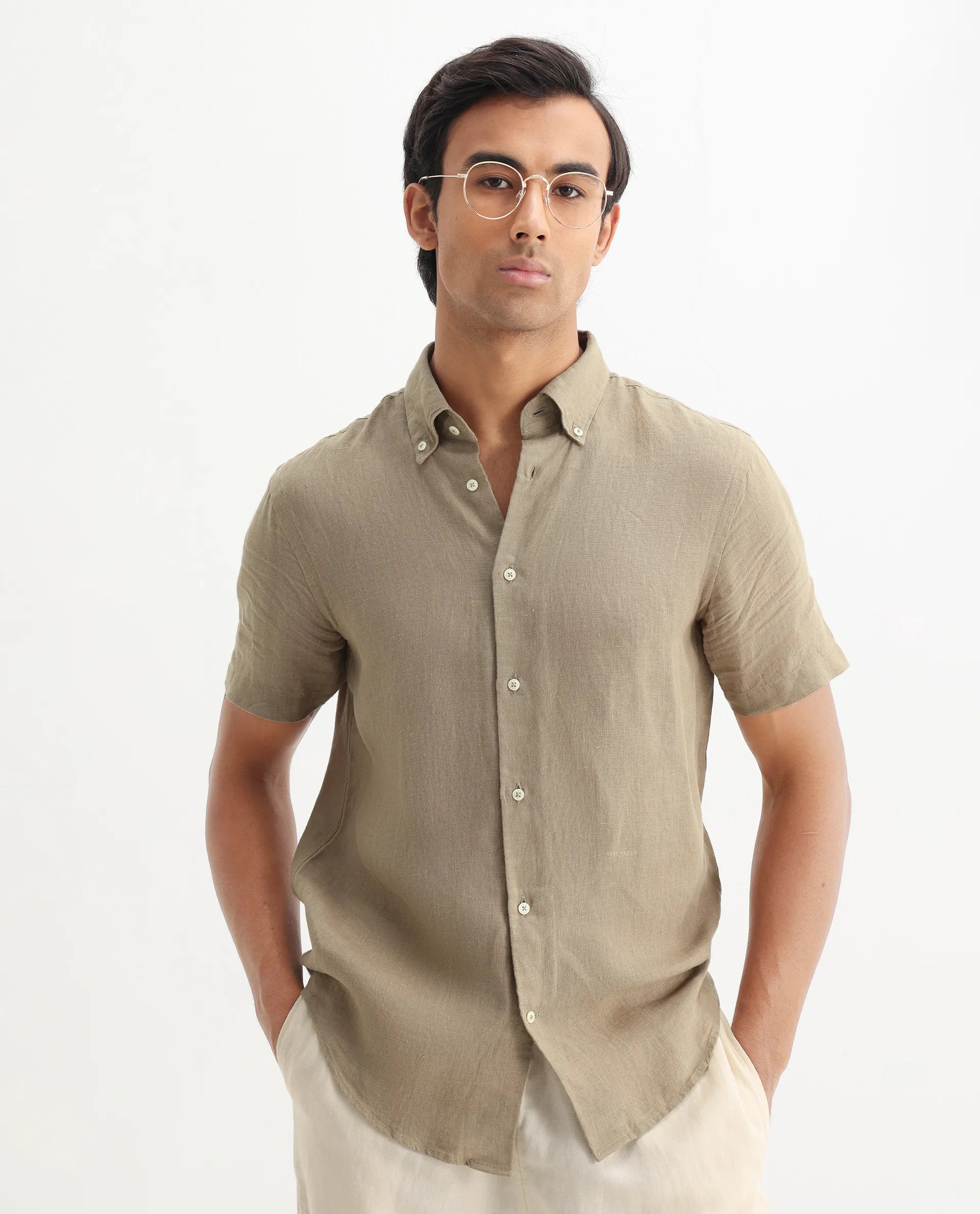 Rare Rabbit Men's Poist Khaki Linen Plain Regular Fit Half Sleeve Collared Shirt