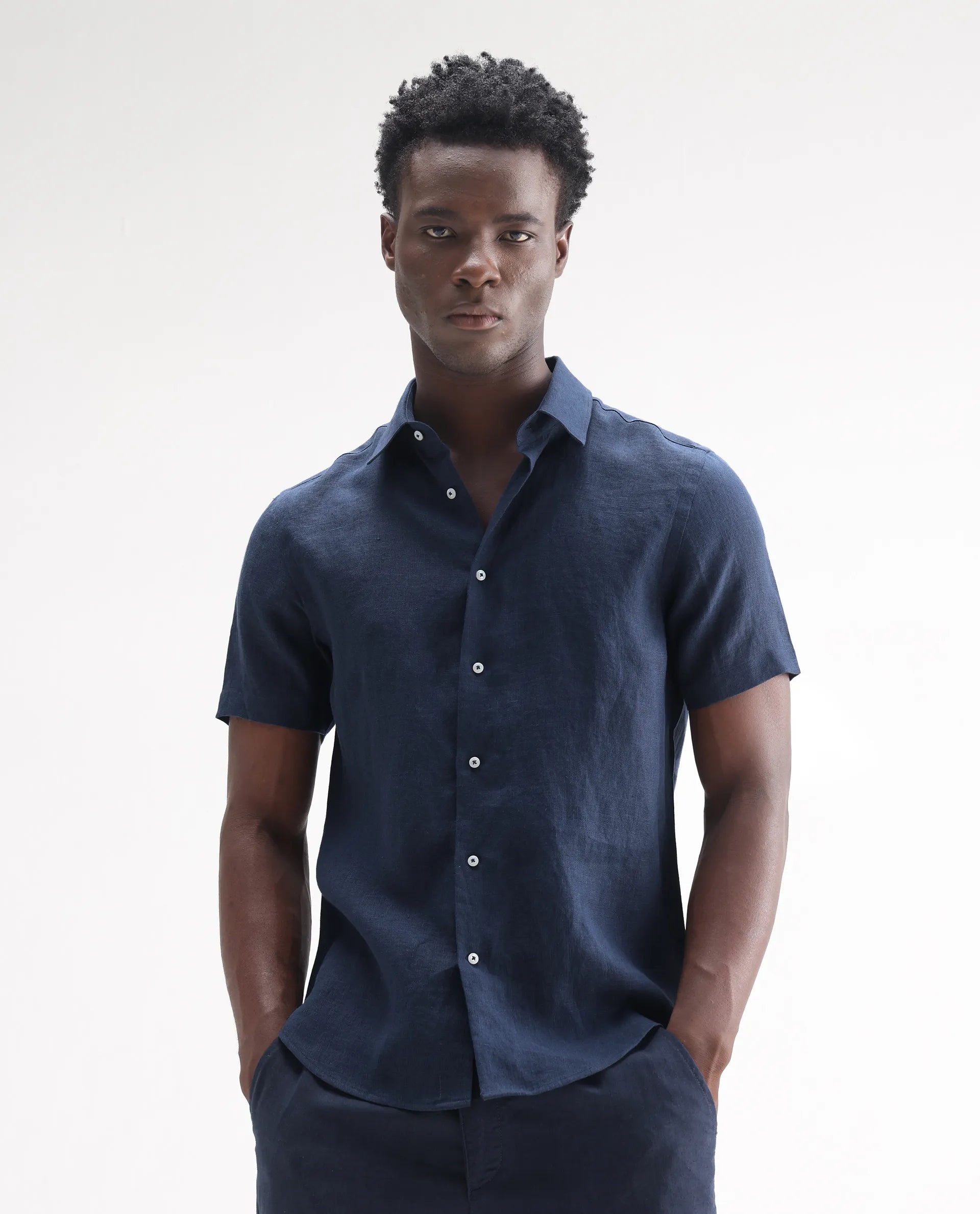 Rare Rabbit Men's Poist Navy 100% Linen Plain Regular Fit Half Sleeve Collared Shirt